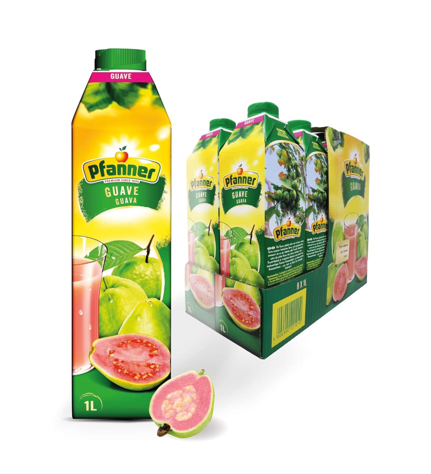 Pfanner Guava Nectar - 25% Fruit Content (8 x 1L) | Bulk Pack of Pink Guava Drink - International Shipping Available - Buy Online on SooperMarket.com