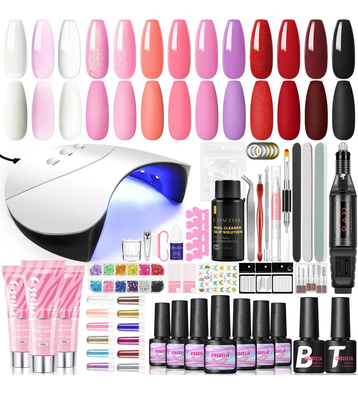 COSCELIA 10PC Multi-Color UV Nail Polish Set with 36W Nail Dryer & Poly Extension Gel Kit | Complete DIY Manicure Accessories for Home & Salon #0179 - Buy Online on SooperMarket.com