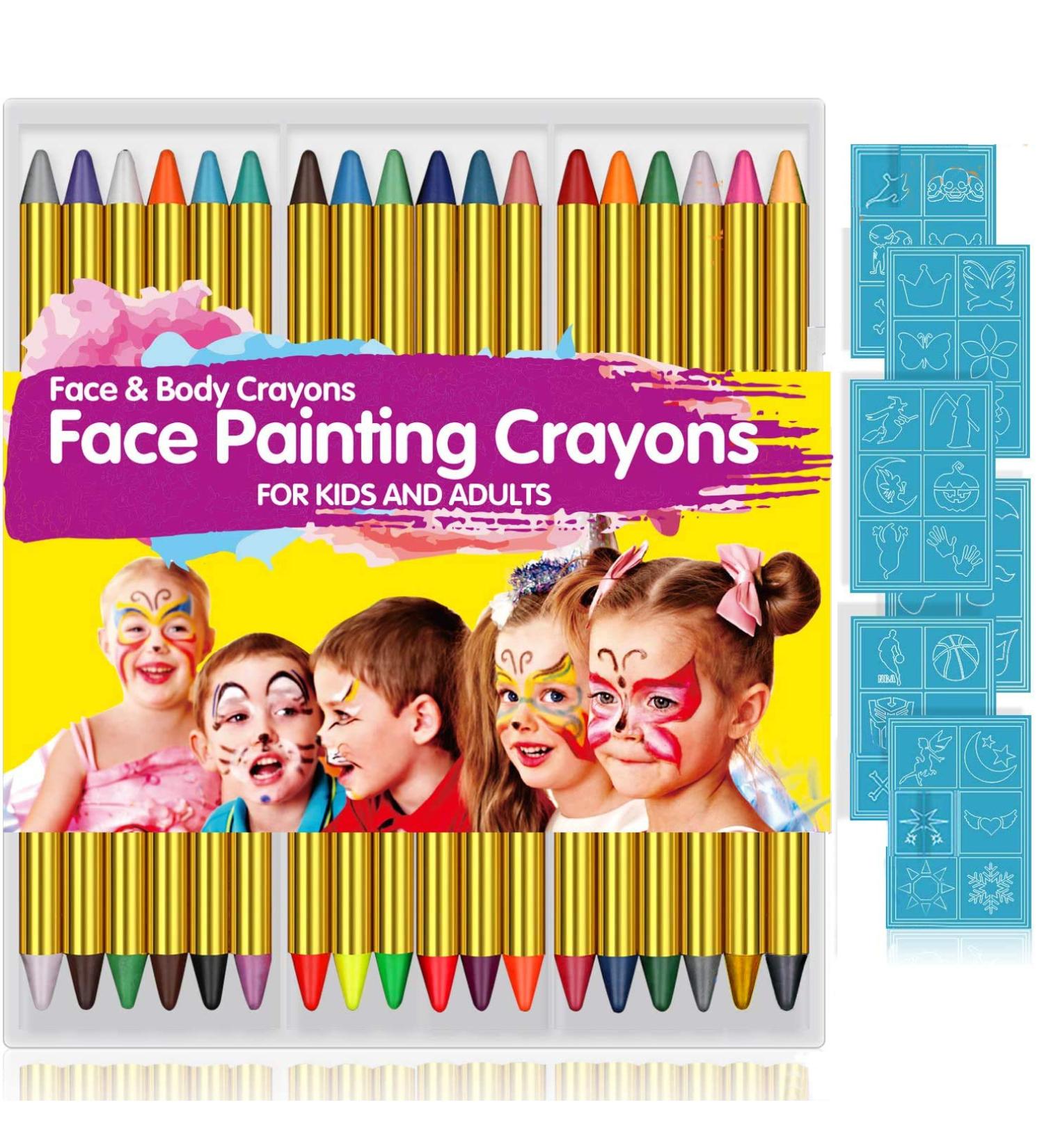 Face Paint Crayons for Kids - 36 Makeup Sticks & Stencils - Professional Face Painting Kit for Halloween or Birthday Party - 6 Fluorescent, 6 Metallic, 24 Classic Colors - Safe for Sensitive Skin - Buy Online on SooperMarket.com