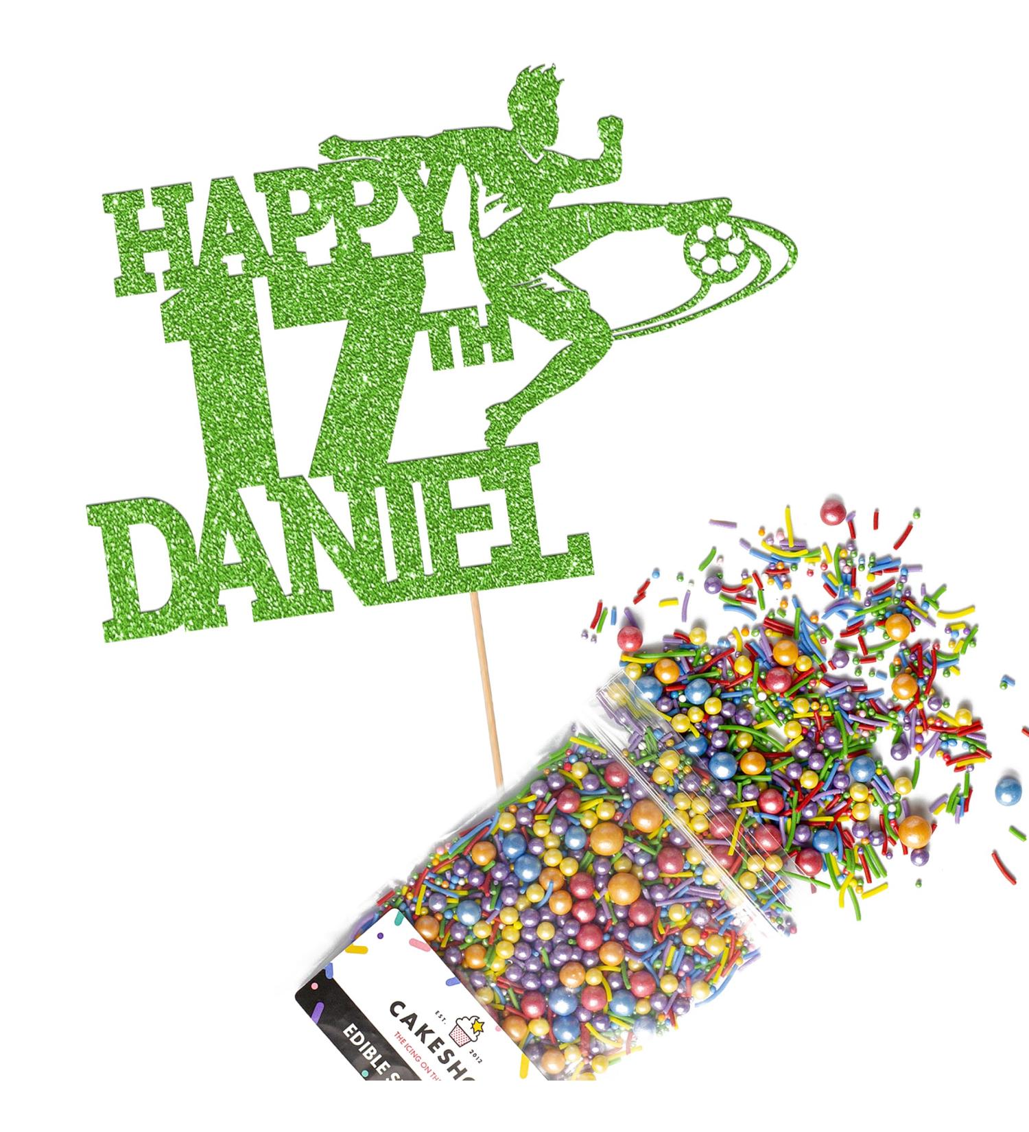 Cakeshop Cake Decoration Pack | Football Birthday Theme Premium Double Sided Glitter Card Cake Topper & 25g Party Pack of Cake Sugar Sprinkles | Custom Name & Age Cake Decoration (Green) Non-Prime Glitter Card: Green - Buy Online on SooperMarket.com