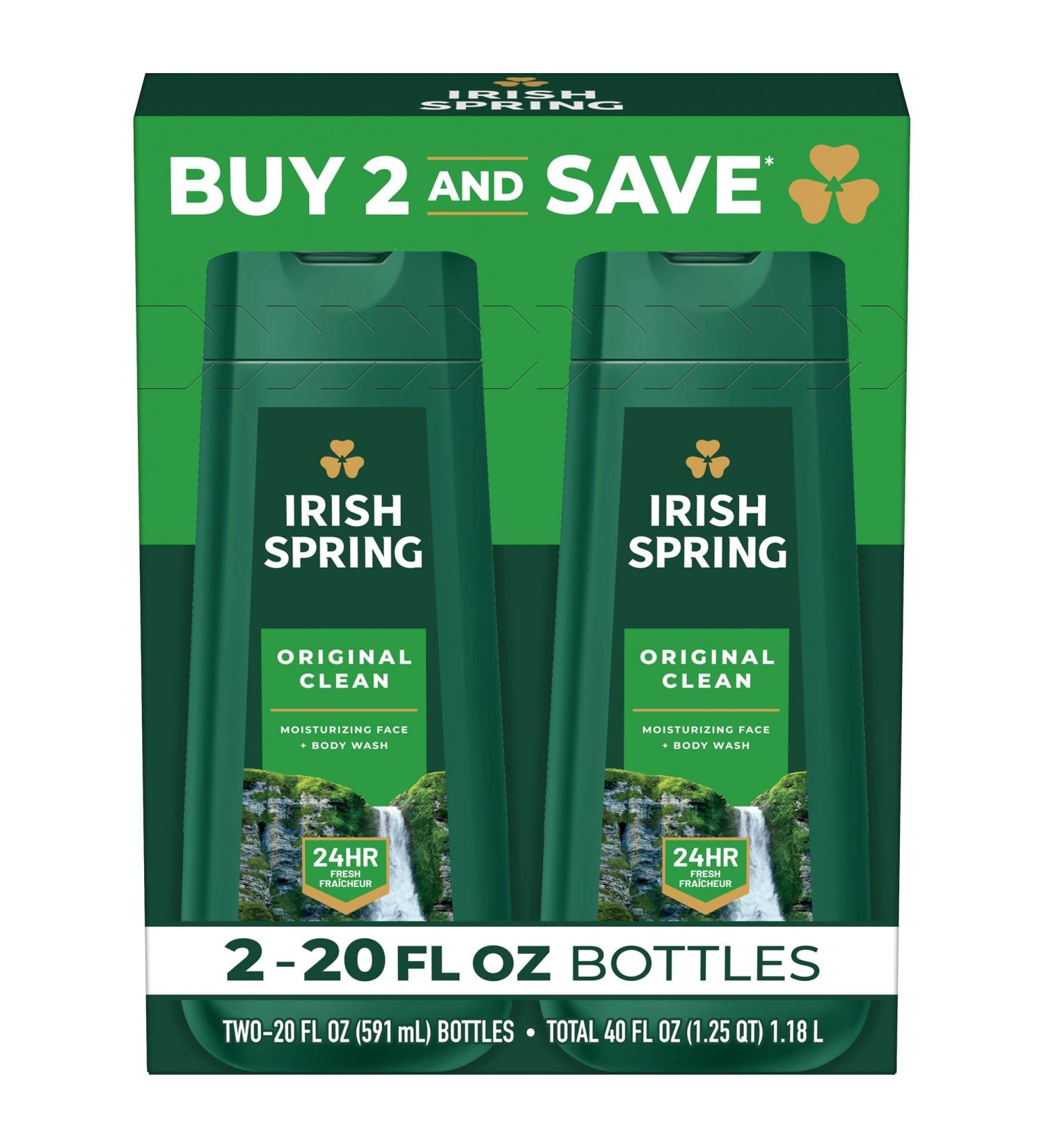 Irish Spring Original Clean Body Wash for Men - 20 Fl Oz (Pack of 2) | Fresh Scent & Long-Lasting Clean - Buy Online on SooperMarket.com