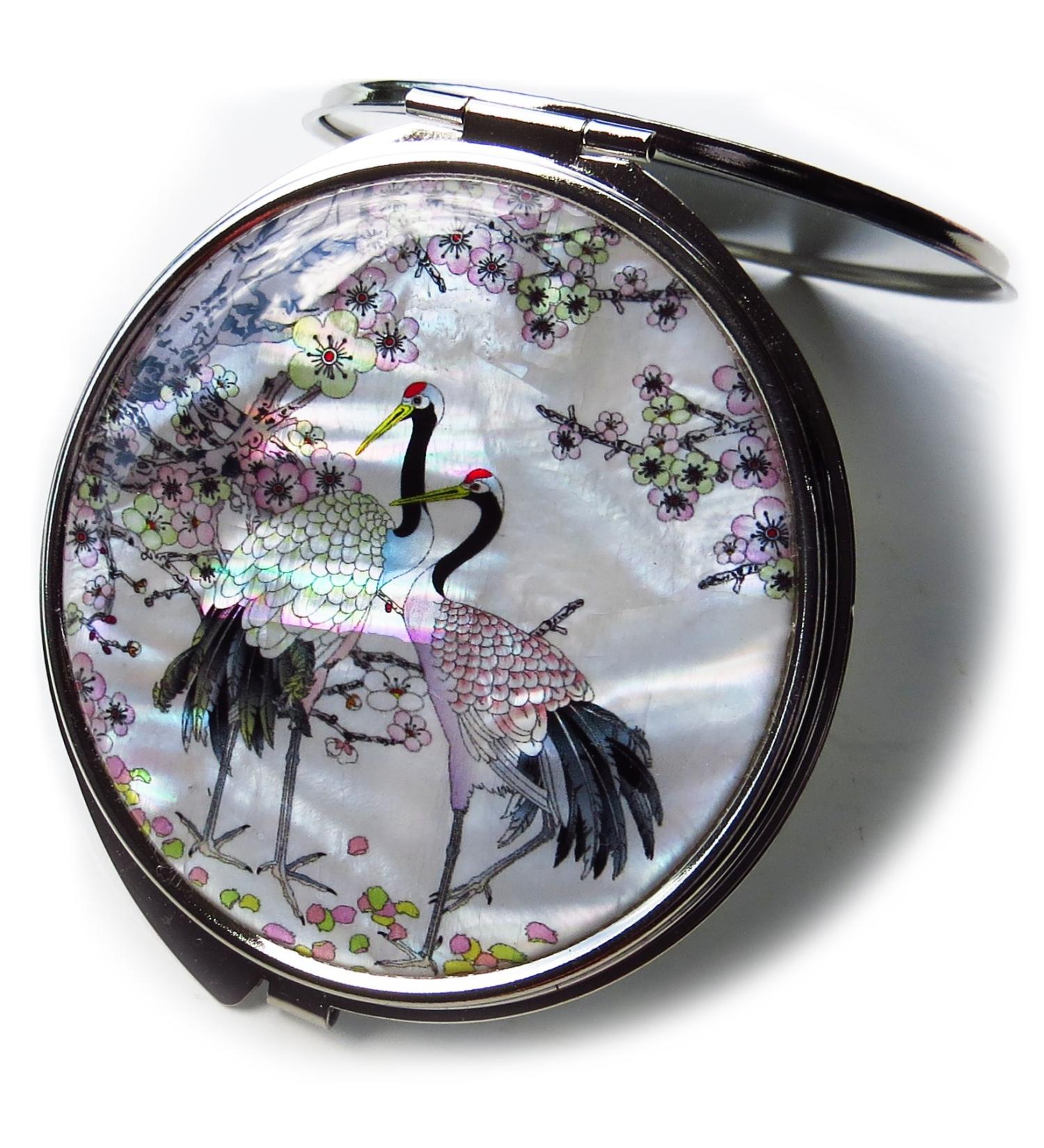 Mother of Pearl Compact Mirror - Double Sided Folding Magnify, Crane Apricot Tree Design - Buy Online on SooperMarket.com