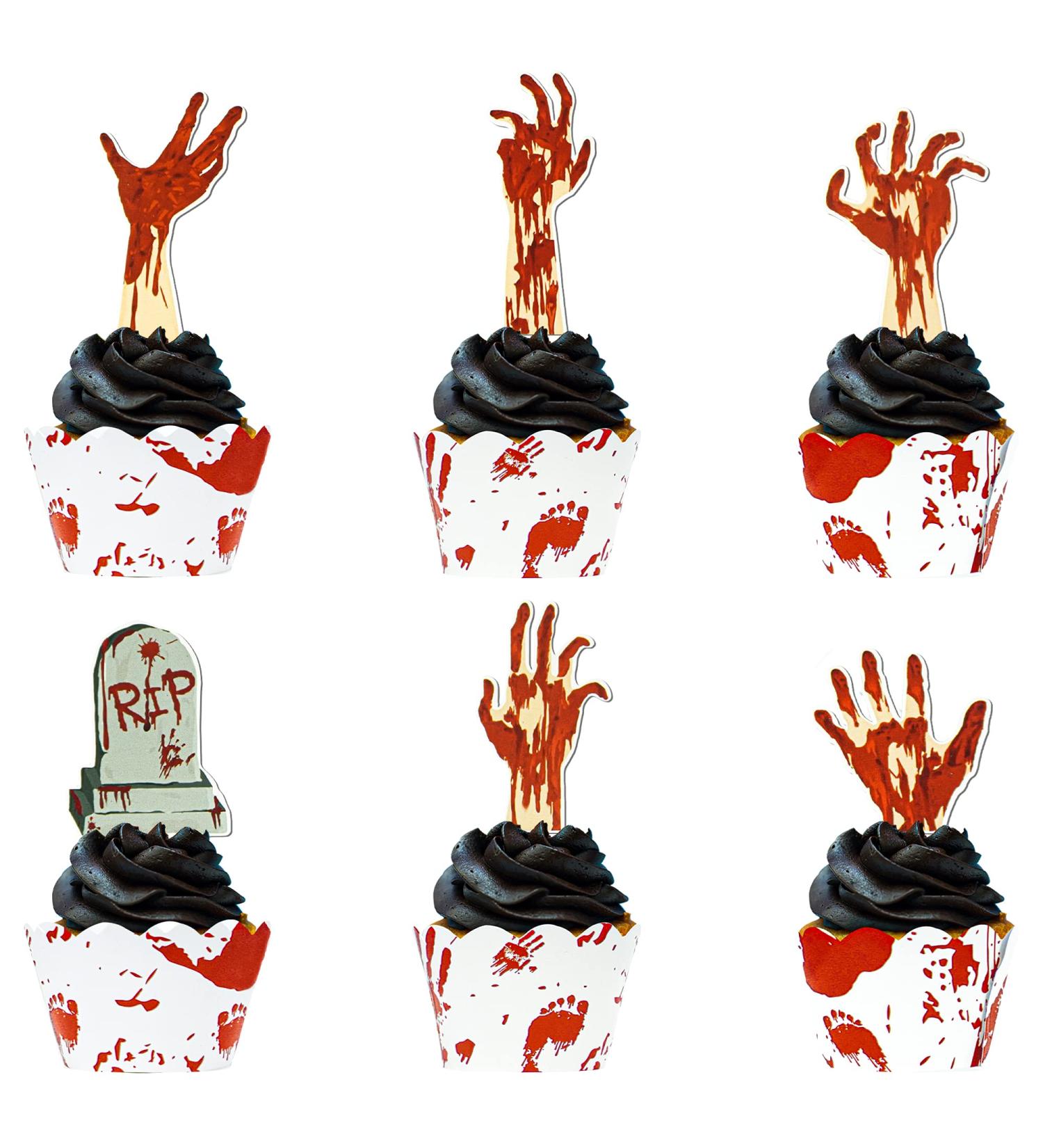 72PCS Halloween Cupcake Toppers - Zombie Hand Tombstone & Horror Red Handprint Cupcake Supplies for Halloween Party - Buy Online on SooperMarket.com