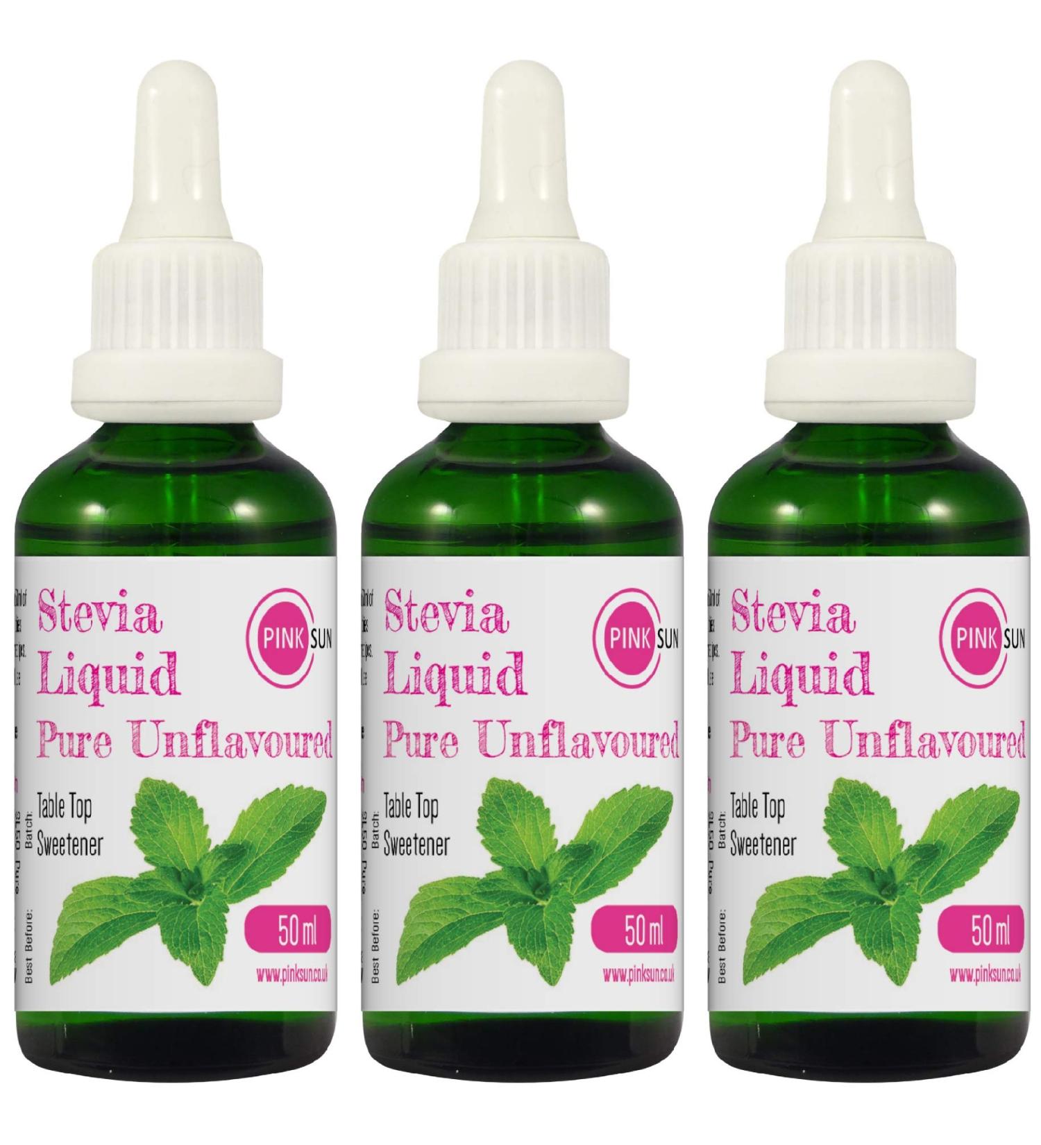 PINK SUN Stevia Liquid Pure Sweetener Drops 50ml Unflavoured x 3 Glass Dropper Bottles Neutral Natural Sugar Alternative Replacement Vegetarian Vegan Gluten Free Low Carb Non GM Zero Calories Bulk Pure Unflavoured x 3 - Buy Online on SooperMarket.com