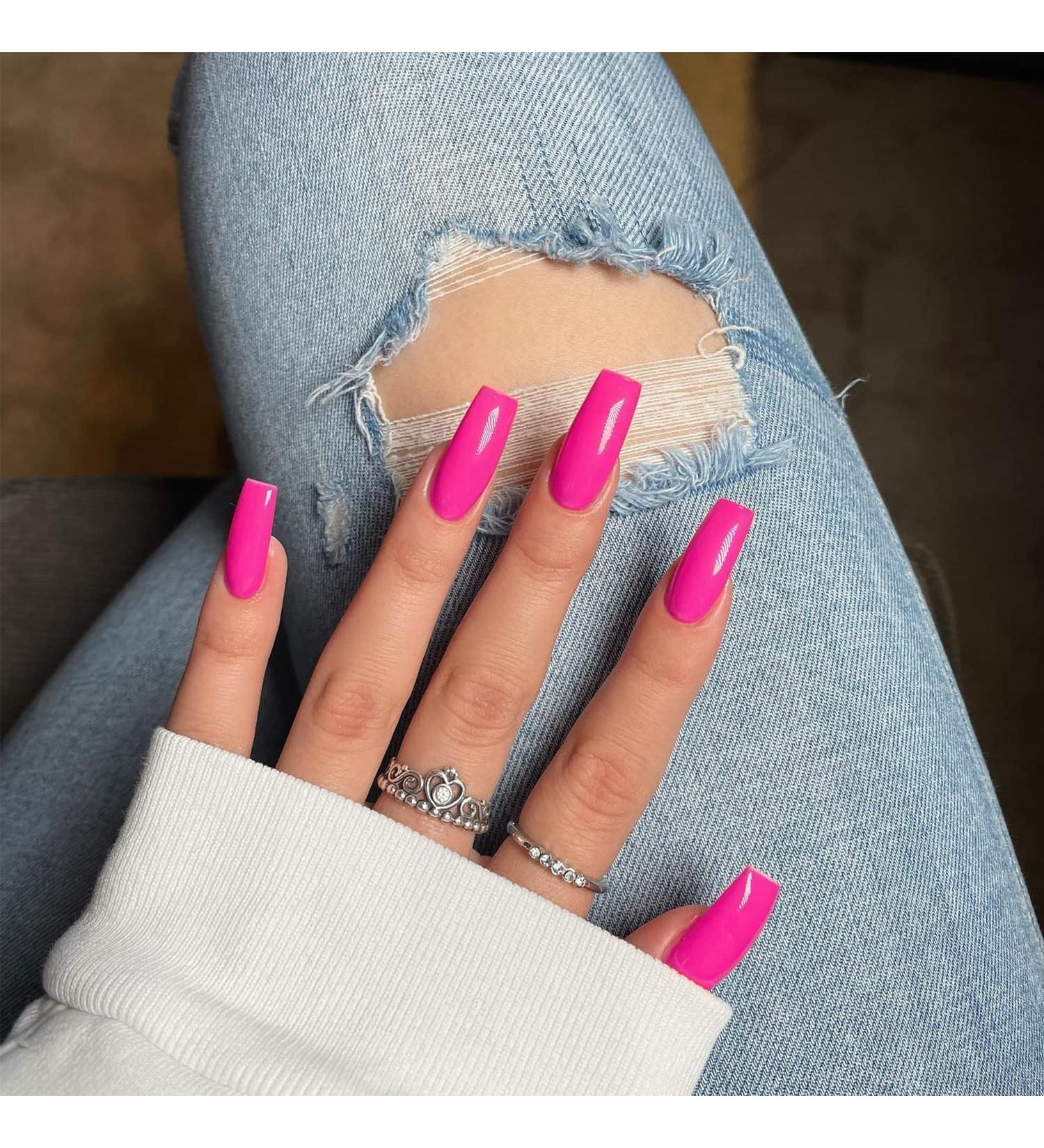 Hot Pink Medium Long Square Press On Nails - Glossy Coffin Style with Xcreando Glue - Perfect Fake Nails for Women and Girls - Buy Online on SooperMarket.com