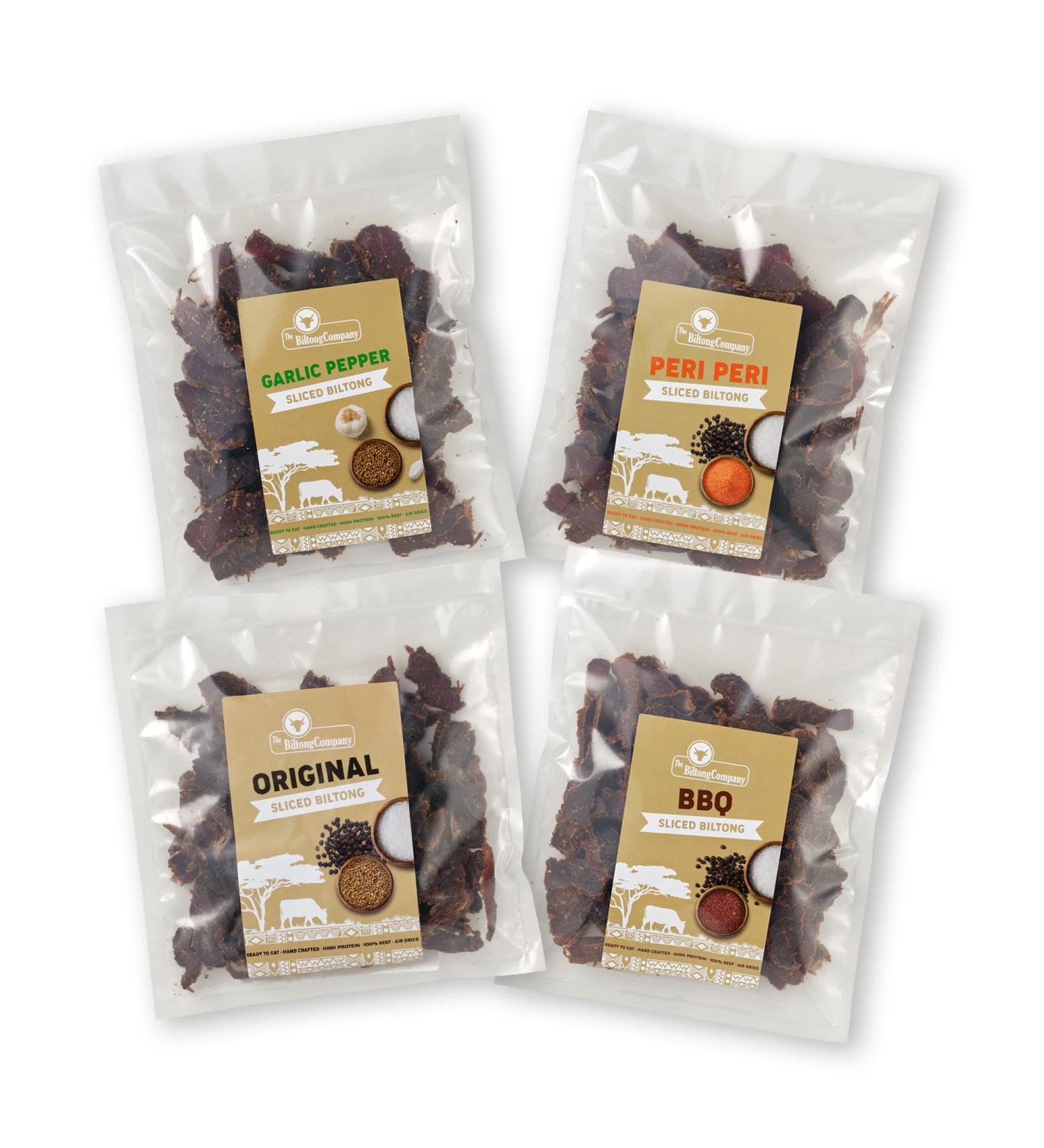 Biltong - 1kg - Sliced Super Fest - 4 Flavours - Original Peri Peri Garlic Pepper BBQ - Buy Online on SooperMarket.com