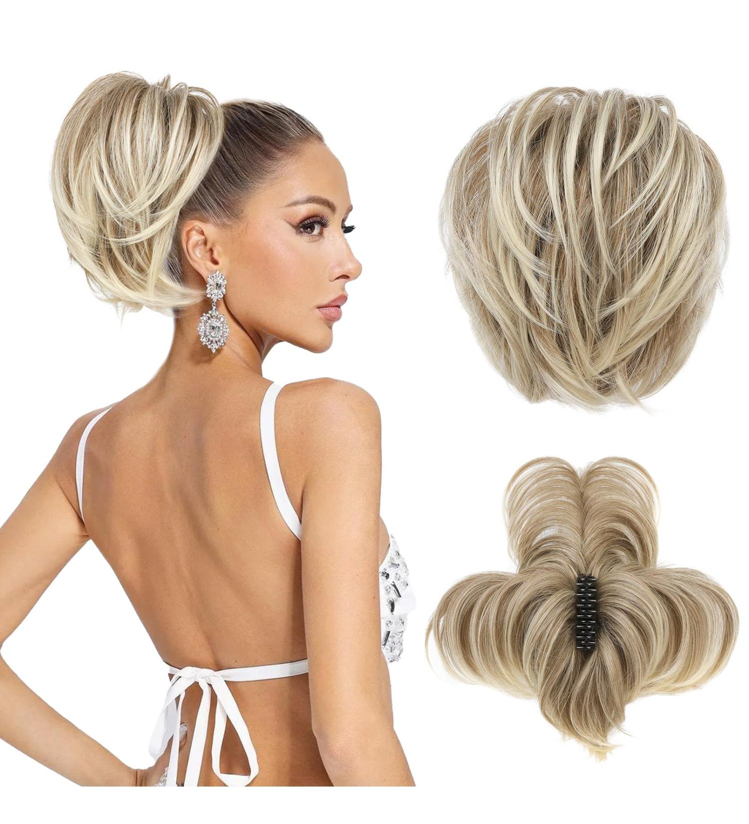 REECHO Ash Brown with Blonde Tips Messy Bun Claw Clip Ponytail Extension - Buy Online on SooperMarket.com
