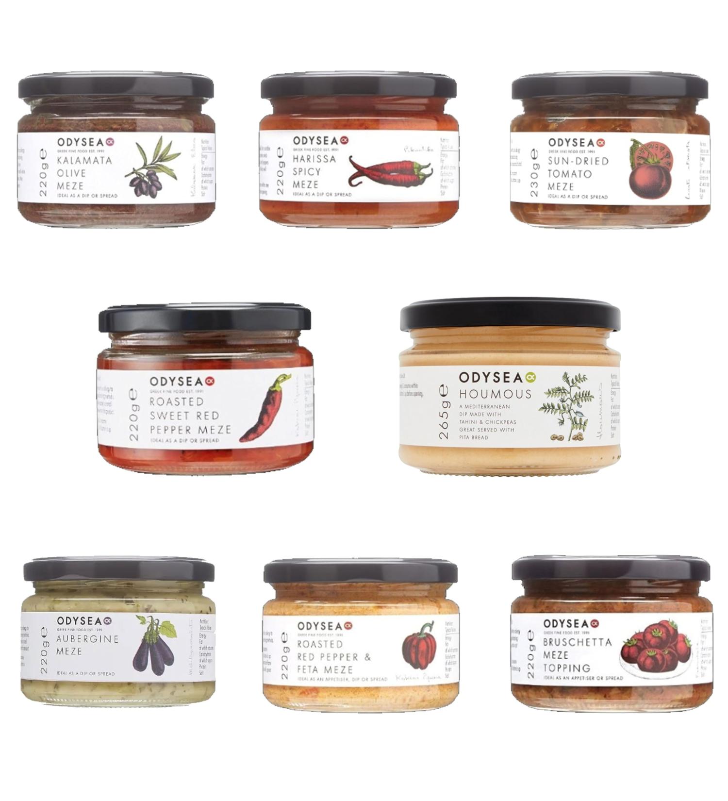 Odysea Meze Pick N Mix - Choose From 7 Flavours | Aubergine Red Pepper & Feta Kalamata Olive Sun Dried Tomato Brushshetta Roasted Red-Pepper Harissa Spicy - Pack of 2 - Buy Online on SooperMarket.com