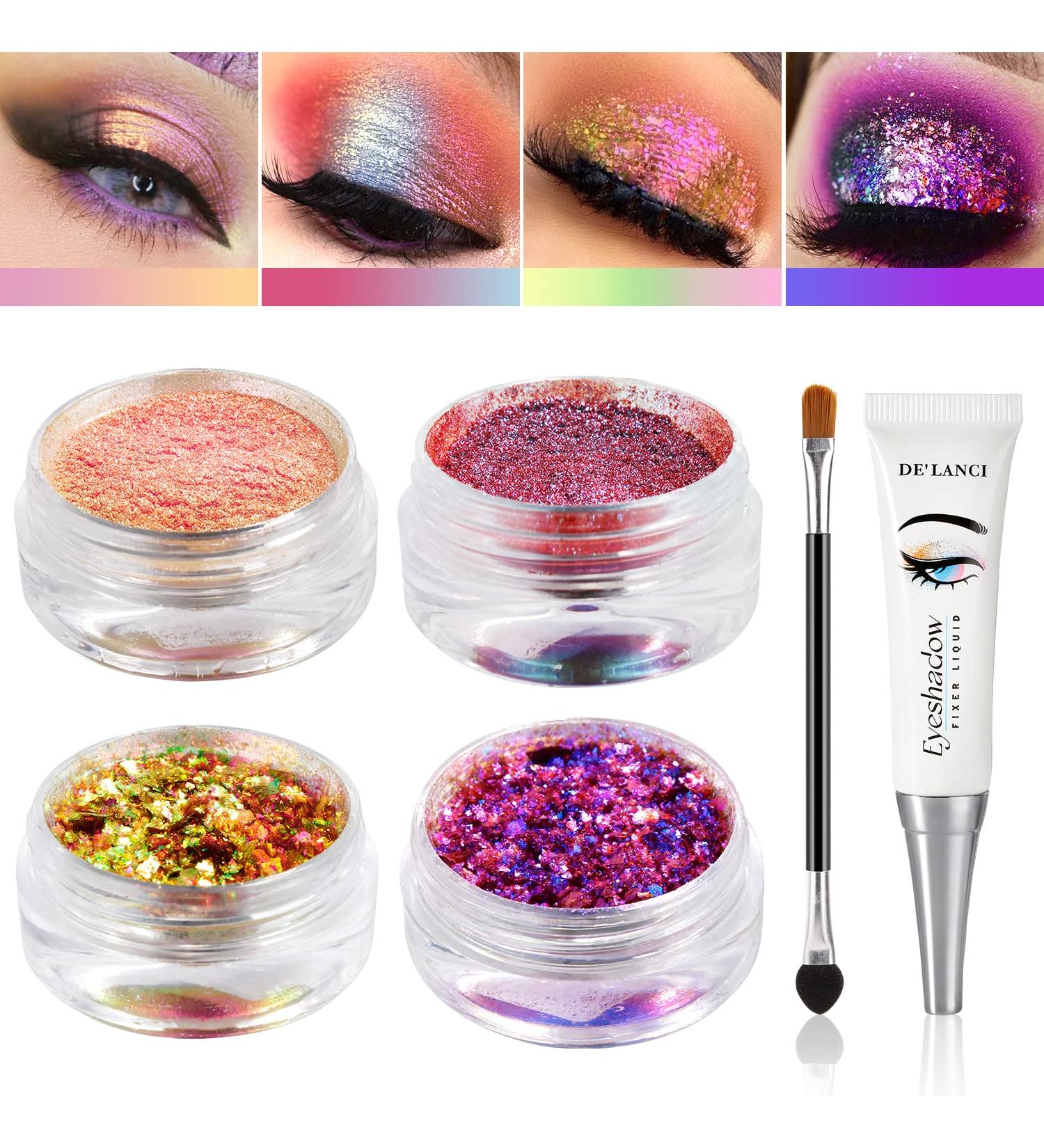 Multichrome Loose Glitter Eyeshadow Set with Brushes and Fixer - Holographic Sparkle and Duochrome Effects - Buy Online on SooperMarket.com