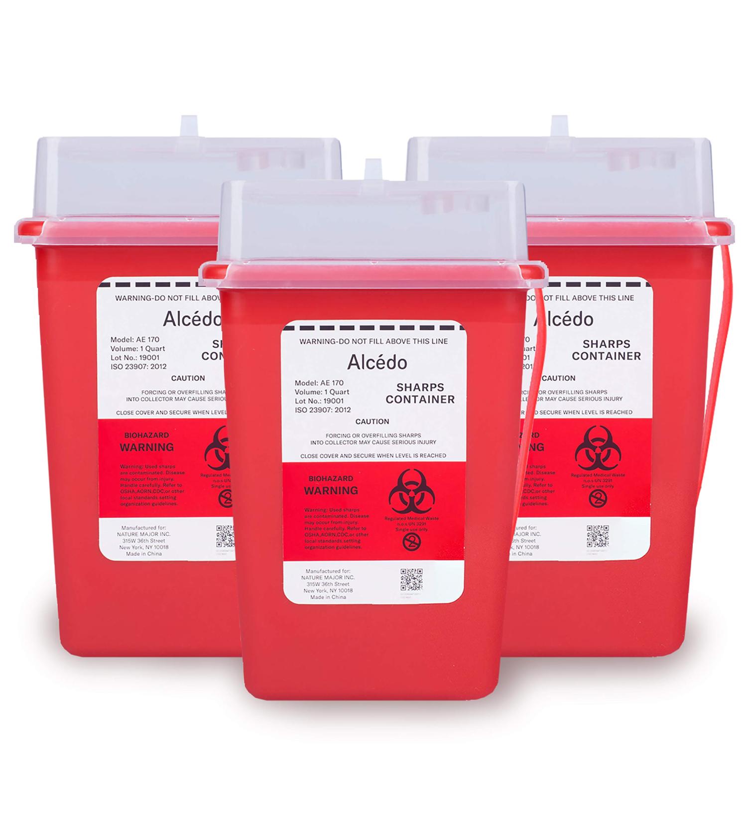 Sharps Container for Home Use and Professional 1 Quart (3-Pack) by Alcedo | Biohazard Needle and Syringe Disposal | Small Portable Container for Travel 1 Quart 3 - Buy Online on SooperMarket.com