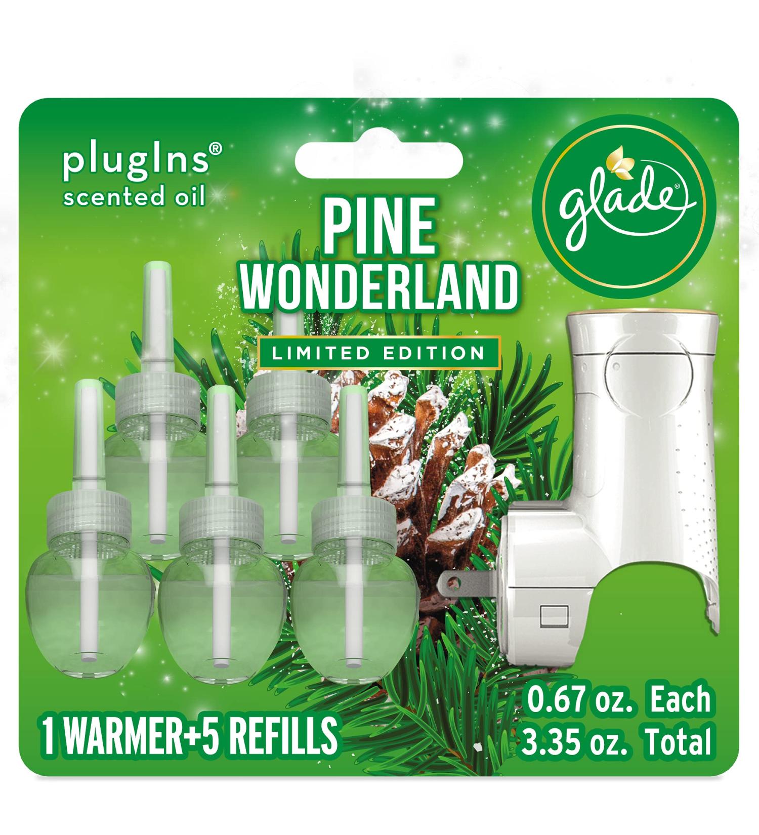 Glade PlugIns Refills Air Freshener Starter Kit Scented and Essential Oils for Home and Bathroom Pine Wonderland 3.35 Fl Oz 1 Warmer + 5 Refills Pine Wonderland Starter Kit