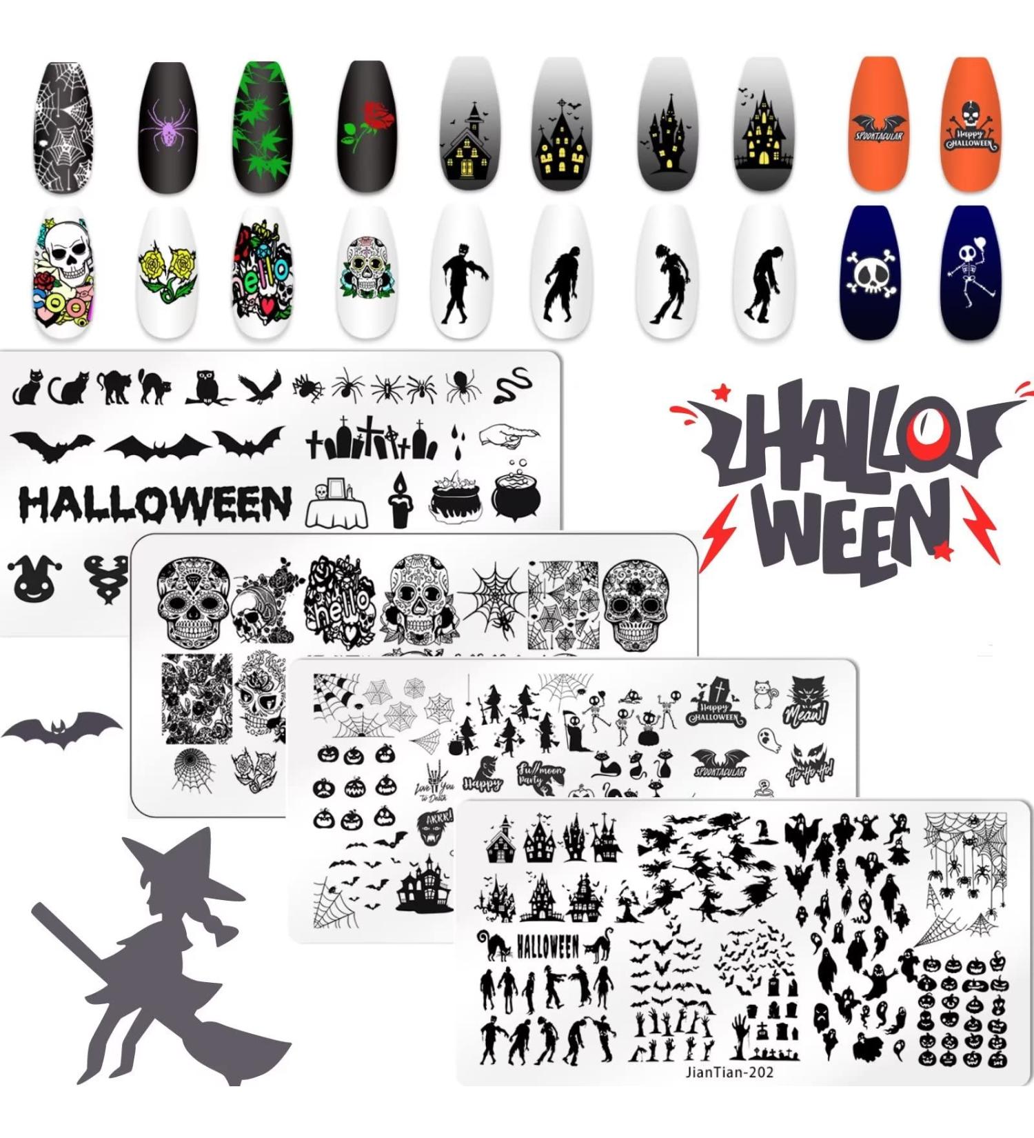 RUNRAYAY 4Pcs Halloween Nail Stamp Plates Nail Art Stamping Templates Plate for Diy Nail Decoration Spider Web/Pumpkin/Withered Tree Design Nail Supplies - Buy Online on SooperMarket.com