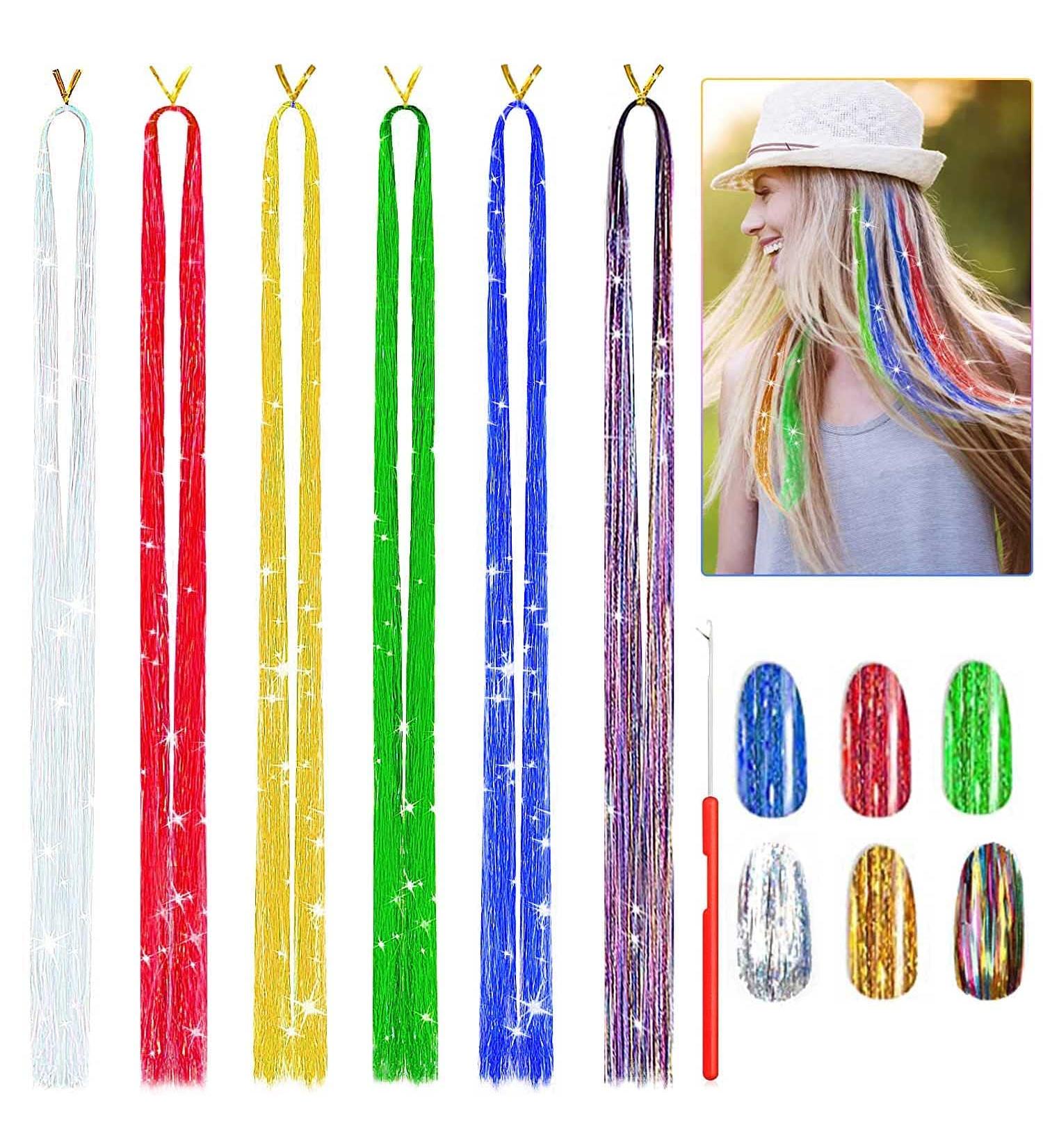 47 Inches Hair Tinsel Kit: 1200 Strands in 6 Colors - Sparkling Shiny Extensions for Colorful Glitter Hair - Includes Tools - Buy Online on SooperMarket.com