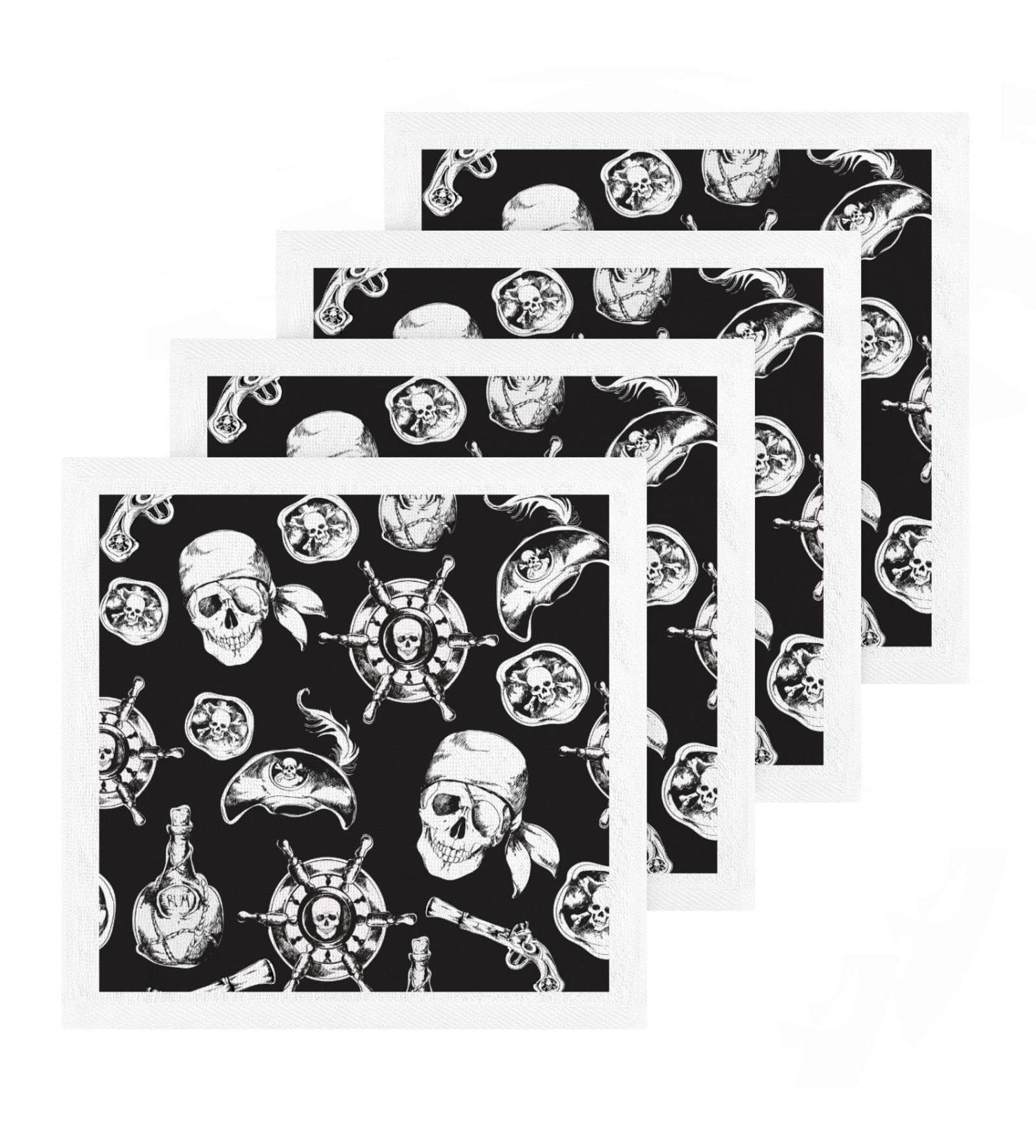 Pirate Skull Cotton Towels Set - 4 Pack 12'' x 12'' - Soft & Absorbent for Bath, Fitness, Sports & Yoga - Buy Online on SooperMarket.com
