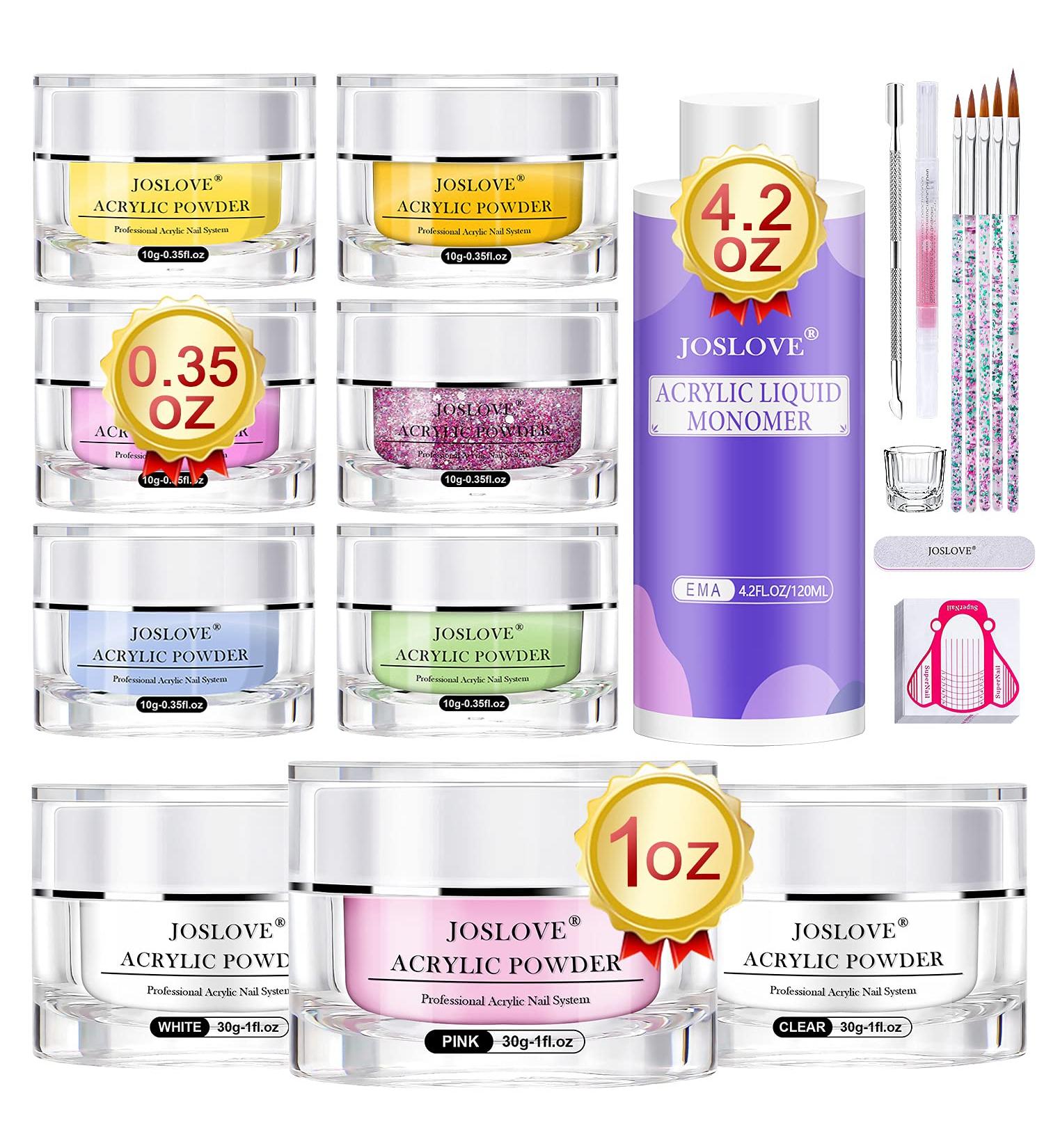 JOSLOVE Acrylic Nail Kit: 9 Colors Powder, Liquid Monomer, 5 Brushes - Beginner Set (S02) - Buy Online on SooperMarket.com