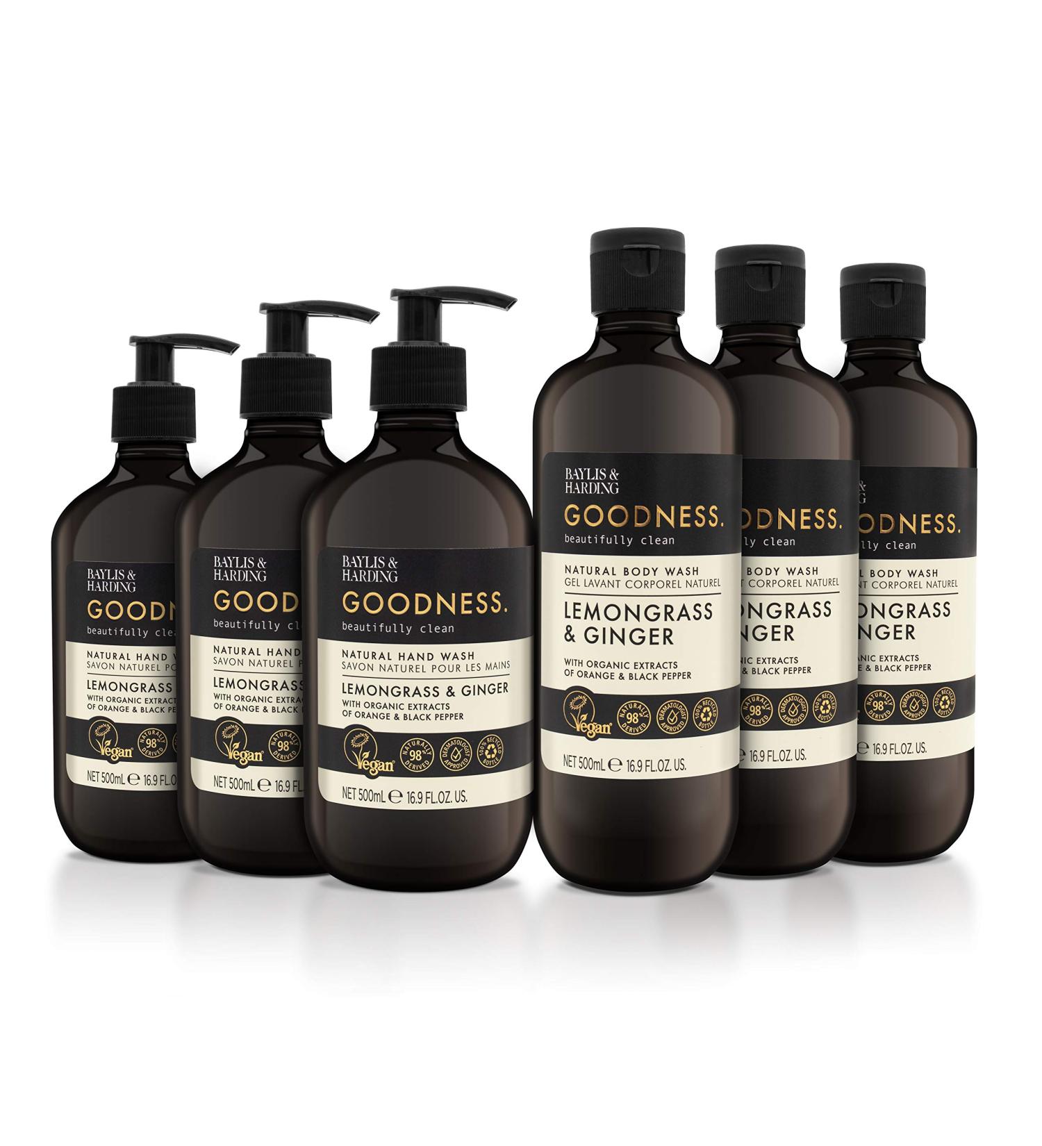 Baylis & Harding Goodness Lemongrass & Ginger Toiletries Bundle - 6 x 500ml Hand Wash & Body Wash Bottles - Vegan Friendly - Buy Online on SooperMarket.com