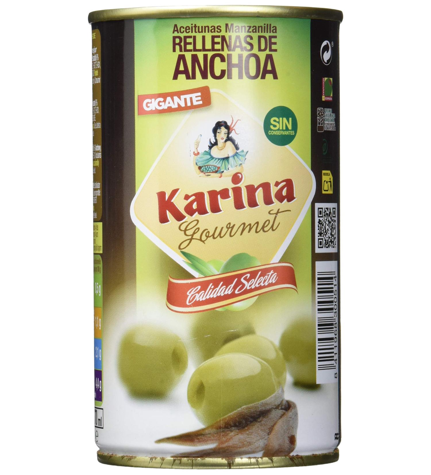 Aceitunas Karina Green Manzanilla Olives Stuffed with Anchoa Paste - Pack of 12 (150g Each) | International Shipping Available - Buy Online on SooperMarket.com