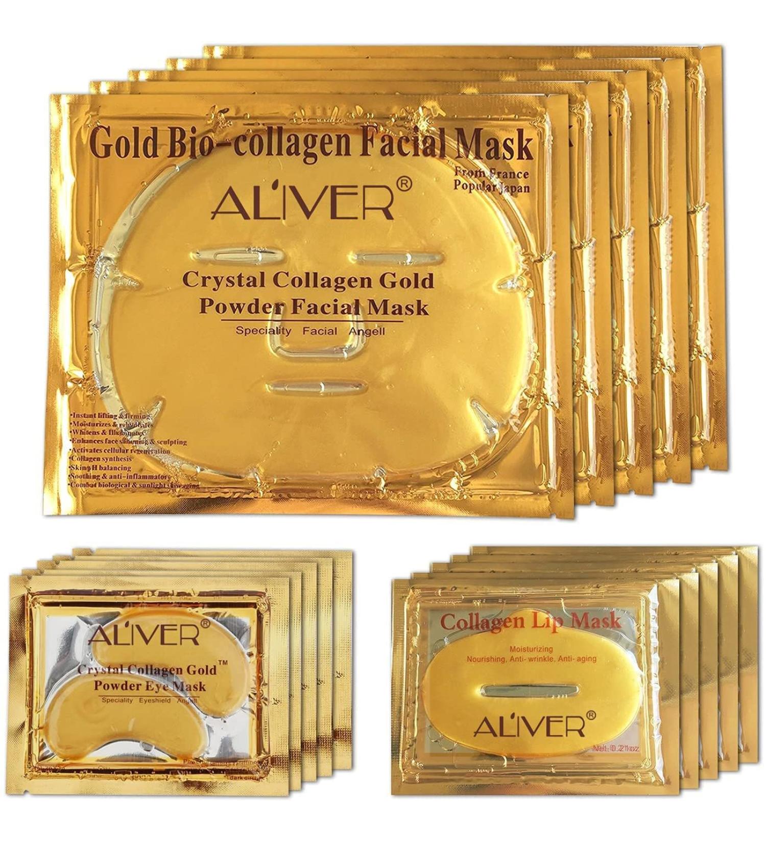 24K Gold Bio Collagen Crystal Face Mask + Eye Mask + Lip Mask Set for Anti-Aging Skin Care (5 pairs) - Buy Online on SooperMarket.com