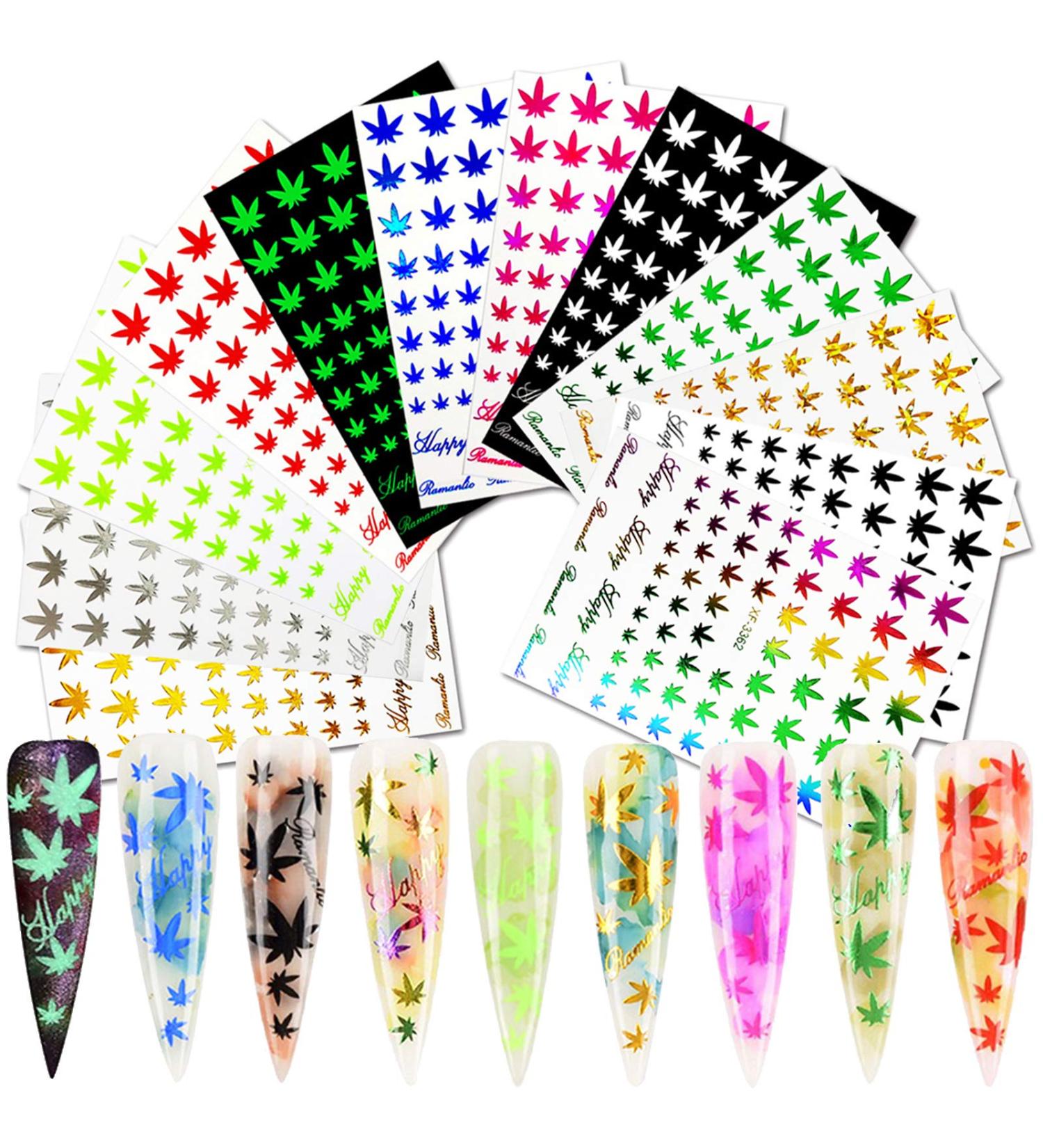 12 Sheets Pot Leaf Nail Art Stickers | Self-Adhesive 3D Maple Leaf Decals for Fall Nail Art | Glitters, Flakes & Colorful Weed Design - Buy Online on SooperMarket.com