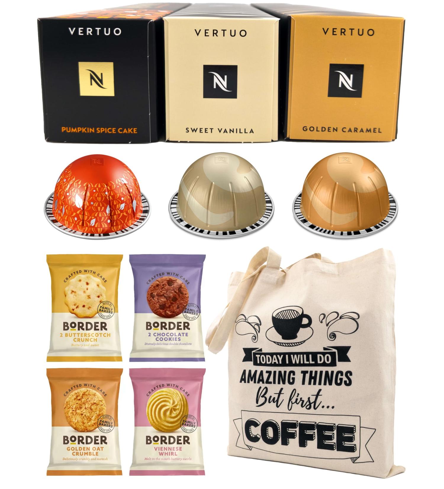 Nespresso Vertuo Coffee Capsules - Pumpkin Spice Cake Sweet Vanilla Golden Caramel - 3 Boxes (30 Pods) Bundled with Border Biscuits Selection & Giftable Tote Bag - Buy Online on SooperMarket.com