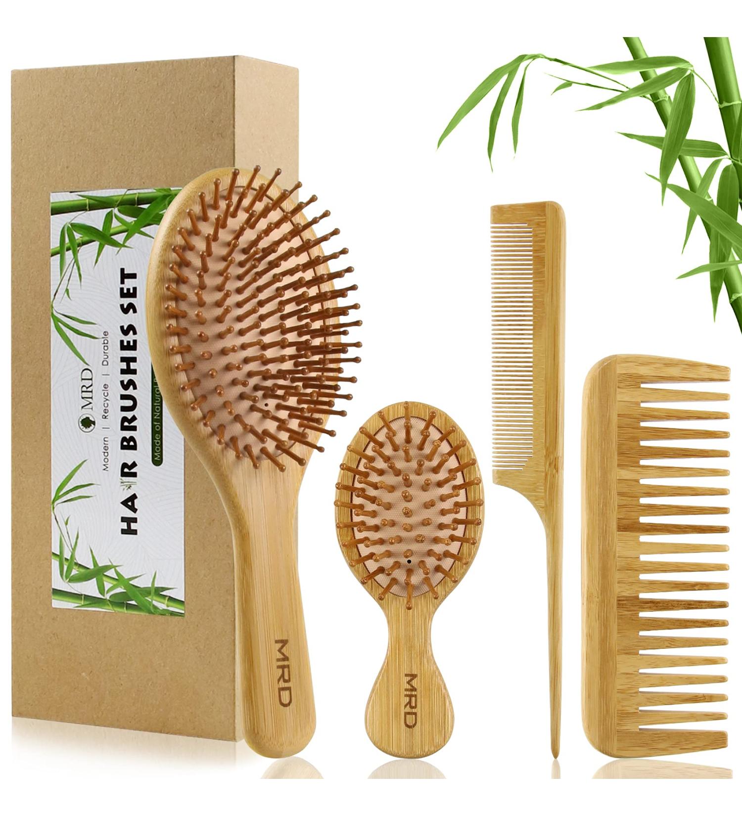 MRD Natural Bamboo Hair Brush Set - Wide-Tooth Paddle Comb for Women Men Kids - Ideal for Thick Thin Curly Dry Hair - No Bristle Detangling Kit - Buy Online on SooperMarket.com