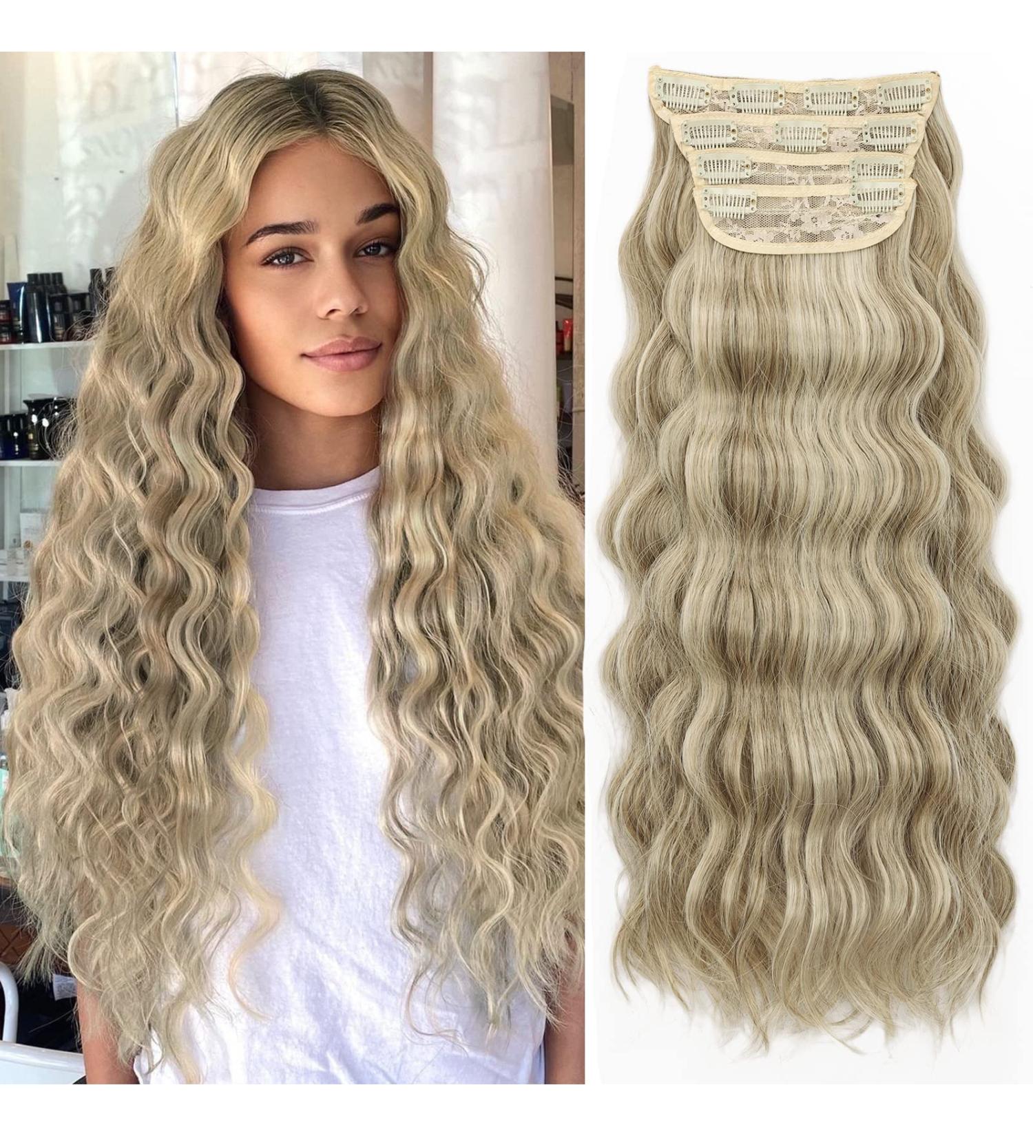 KooKaStyle 20 Inch Ash Brown mix Platinum Blonde Hair Extensions - 4PCS Clip in Long Beach Wavy Double Weft Thick Natural Hairpieces for Women - Full Head Coverage - Buy Online on SooperMarket.com