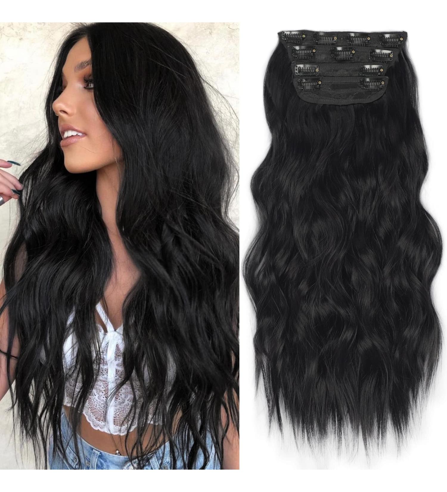 KooKaStyle Long Wavy Clip-In Synthetic Hair Extensions 20 Inch Black - 4PCS Thick Double Weft Hairpieces for Women - Buy Online on SooperMarket.com