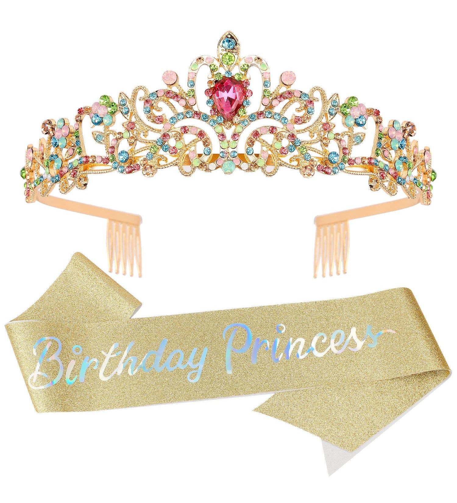 Girls Birthday Tiara Crown with Sash - Happy Birthday Headband and Crown Set for Women | Iridescent Princess Tiaras - Party Supplies and Decorations - Buy Online on SooperMarket.com