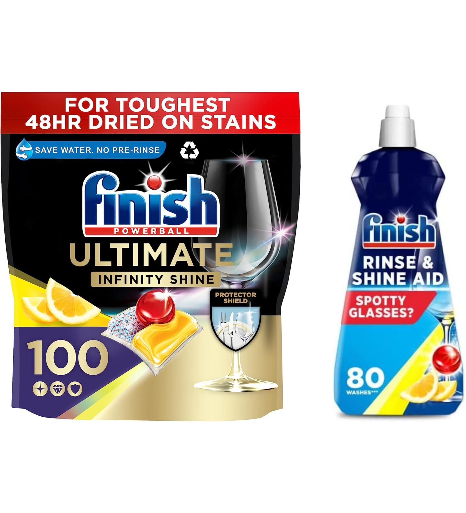 Finish Ultimate Infinity Shine Dishwasher Tablets Bulk Scent : Lemon Size : 100 Dishwasher tabs + Finish Dishwasher Cleaner Rinse Aid | Scent : Lemon | Size : 400ml - Buy Online on SooperMarket.com