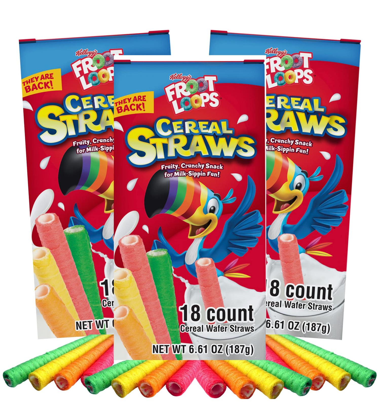 Kellogg's Cereal Straws Froot Loops - Childhood Nostalgic Treat for Drinking and Eating - Pack of 3, 18 Count - Buy Online on SooperMarket.com