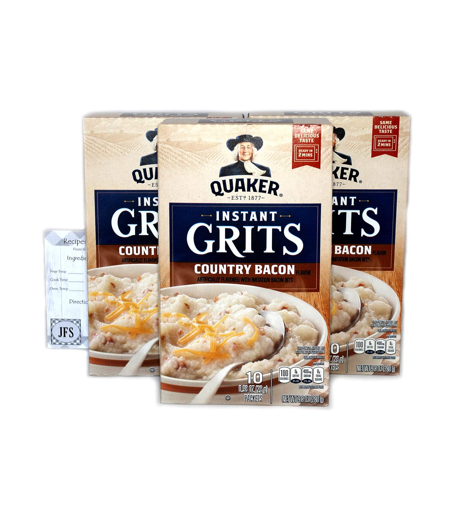 Country Bacon Instant Quaker Instant Grits 3- 9.8 Oz (280g) Box of 10 Packets (Total 30 Packets) Bundled with a JFS Recipe Card - Buy Online on SooperMarket.com