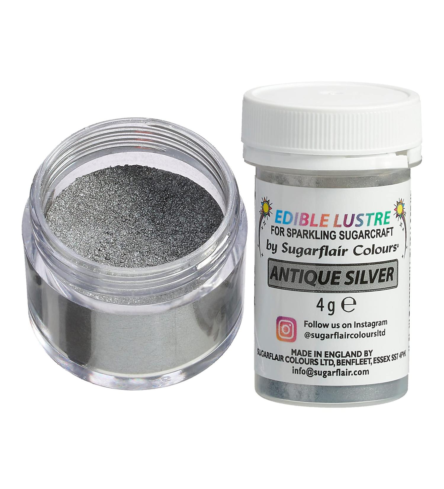Sugarflair Antique Silver Edible Lustre Dust Add a Lustrous Shine to Cakes or Decorations. Brush On or Add Rejuvenator to Create Eye-Catching Edible Paint Gives Shine to Your Bakes - 4g