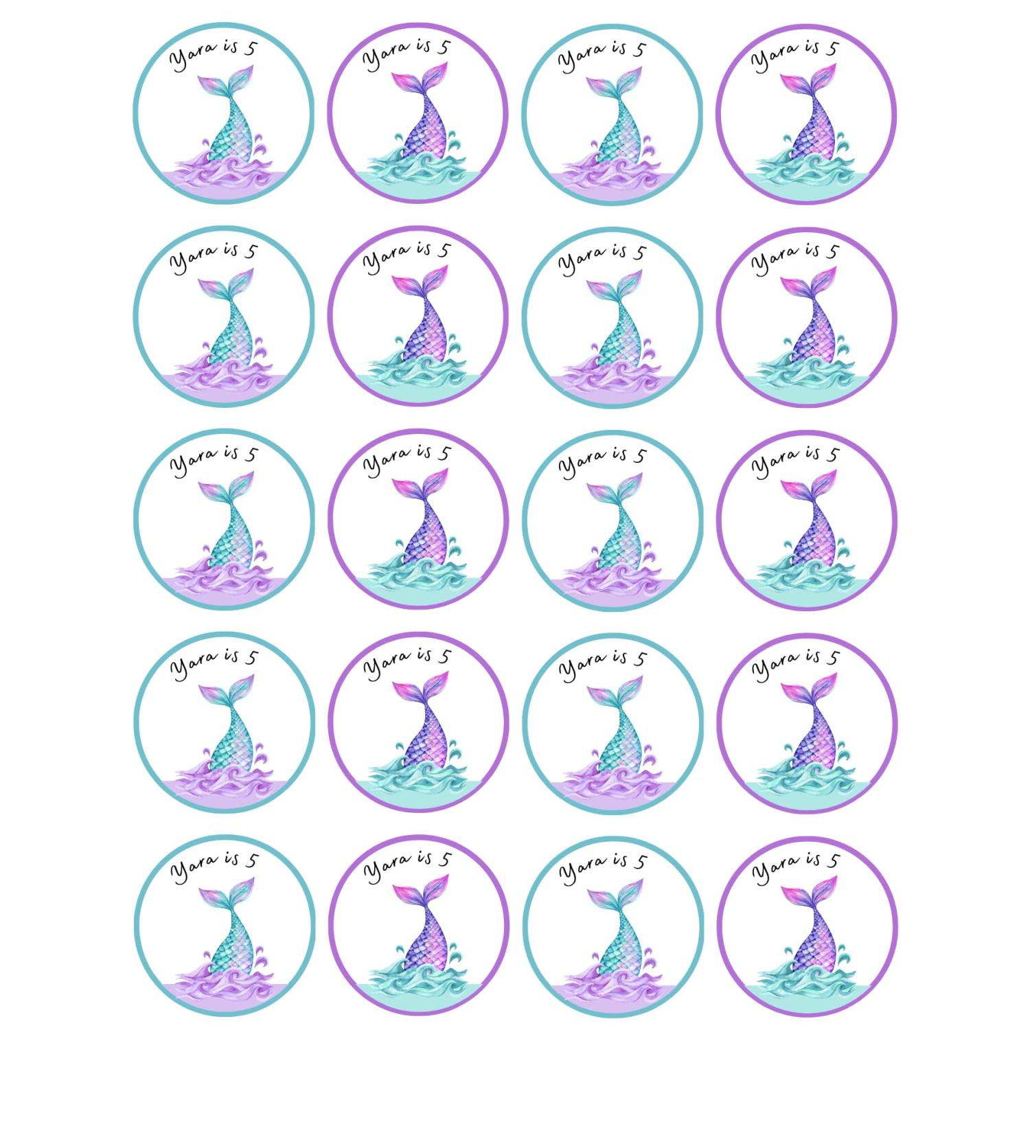 edible 20 x Mermaid Tail Birthday Personalised cupcake toppers uncut (wafer paper) Rice Paper