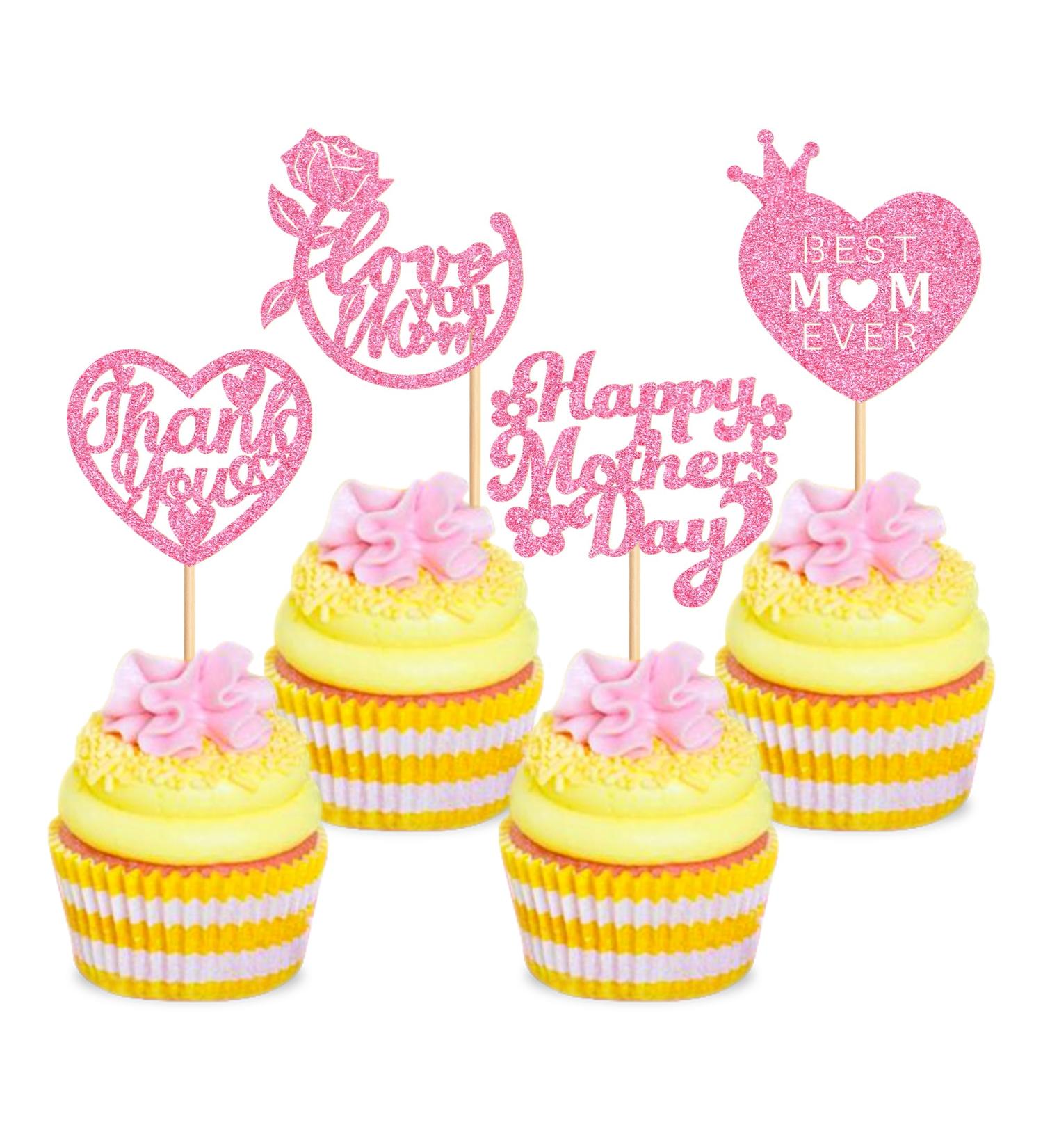 Cyodoos 24 Pcs Happy Mothers Day Cupcake Toppers Glitter Cake Toppers Cupcake Heart Mother Happy Birthday Party Supplies Decorations Pink - Buy Online on SooperMarket.com