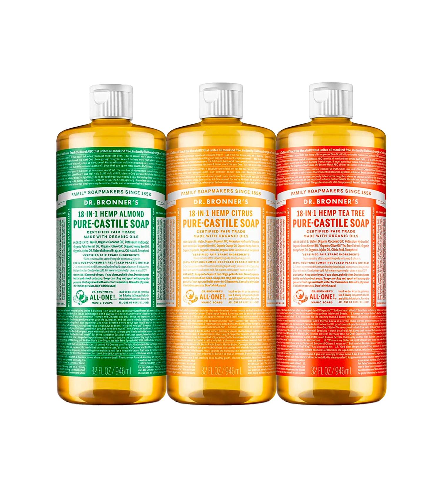 Dr. Bronner's Pure-Castile Liquid Soap Variety Pack - Almond Citrus & Tea Tree - 32 oz | Organic Oils, 18-in-1 Uses for Face, Body, Hair, Laundry, Pets, Dishes - 3 Count - Buy Online on SooperMarket.com