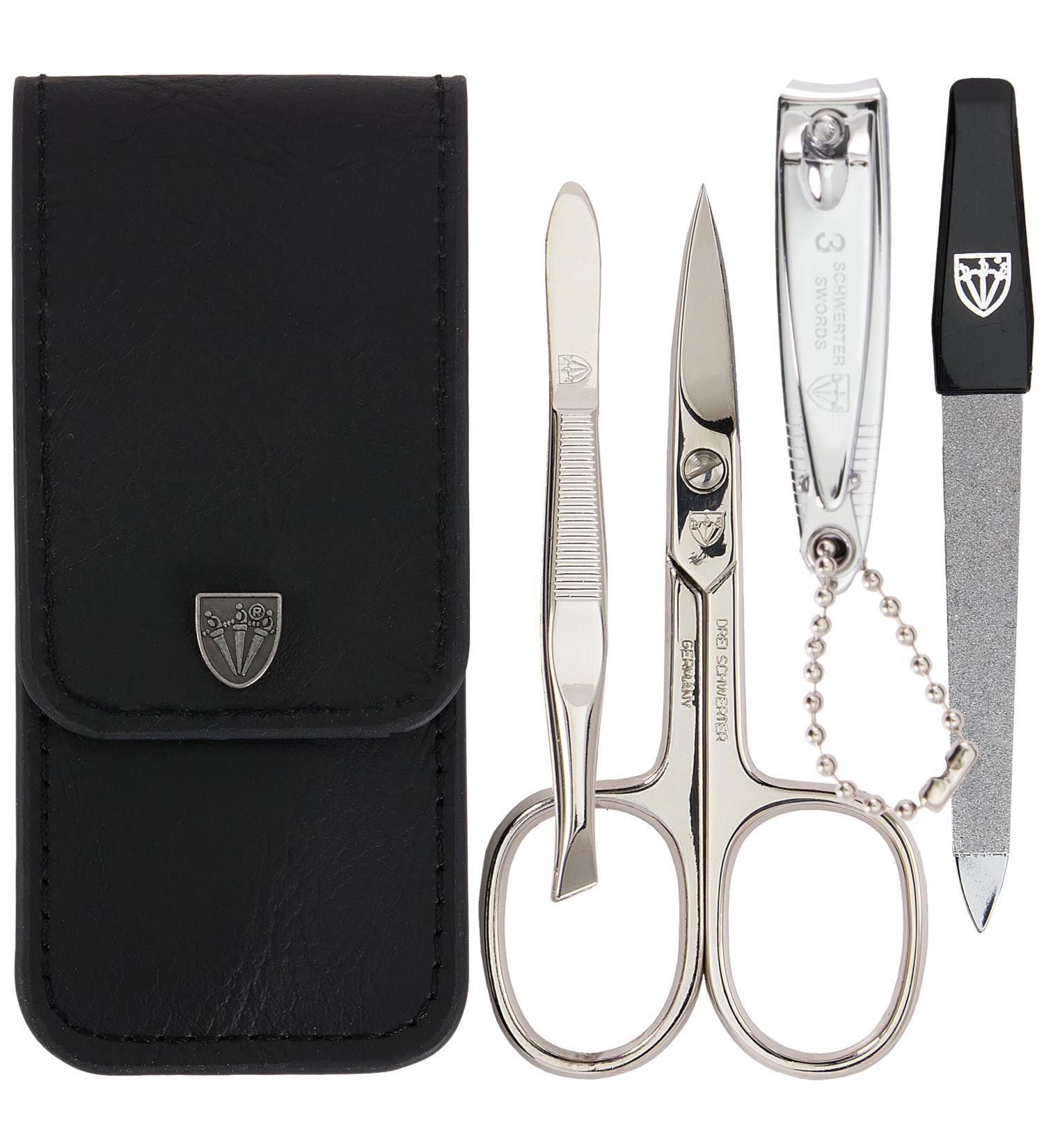 Three Swords Capri Nail Care Set - 4 Pcs Real Leather Black Manicure & Pedicure Kit | High Quality Nail Scissors Clippers Tweezers & Sapphire Nail File - Buy Online on SooperMarket.com