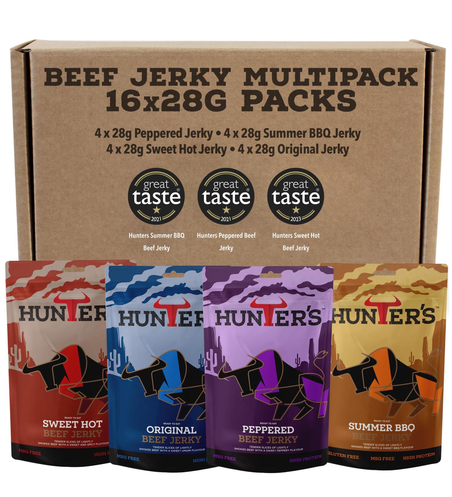 Hunters Beef Snack 16 Pack Variety Beef Jerky 448g Mixed Flavours - Grass Fed Beef Jerky Snack - Beef Strips - High Protein Snacks - Carnivore Snacks - Low Calorie - Meat Snacks Beef Crisps - Buy Online on SooperMarket.com
