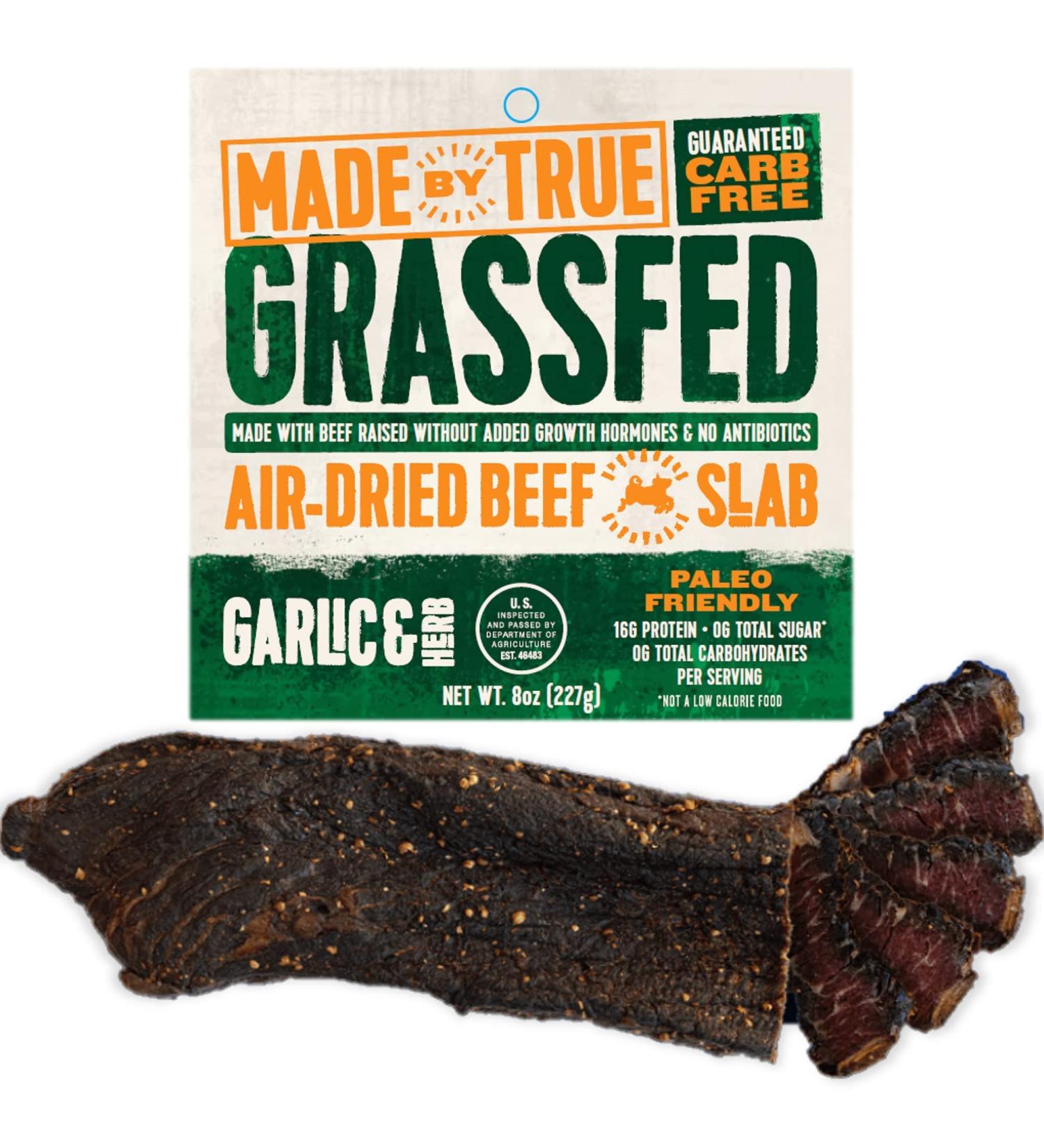 True Garlic & Herb Biltong Slab - Grass-Fed Beef Jerky (8 oz) - High Protein Keto Snack - Antibiotic-Free, Gluten-Free, No Carb - Uncut Charcuterie Slab - Buy Online on SooperMarket.com