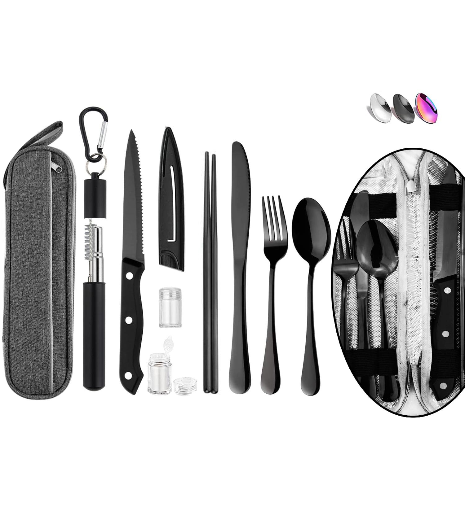 Portable Travel Reusable Utensils Silverware with Case Travel Camping Cutlery set Chopsticks and Straw Flatware Stainless steel Travel Utensil set (Black) U - Buy Online on SooperMarket.com