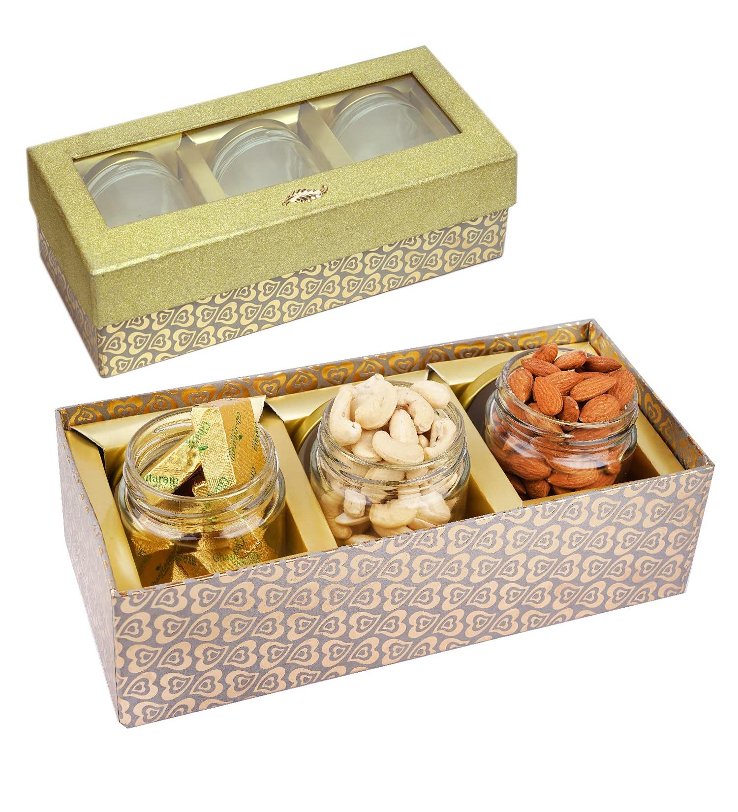 Jaiccha Ghasitaram Dryfruits Hamper- box with 3 Jars of Cashews Almonds and Mewa Bites |Gift for Diwali Holi Rakhi Valentine Christmas Birthday Anniversary Her Him| - Buy Online on SooperMarket.com