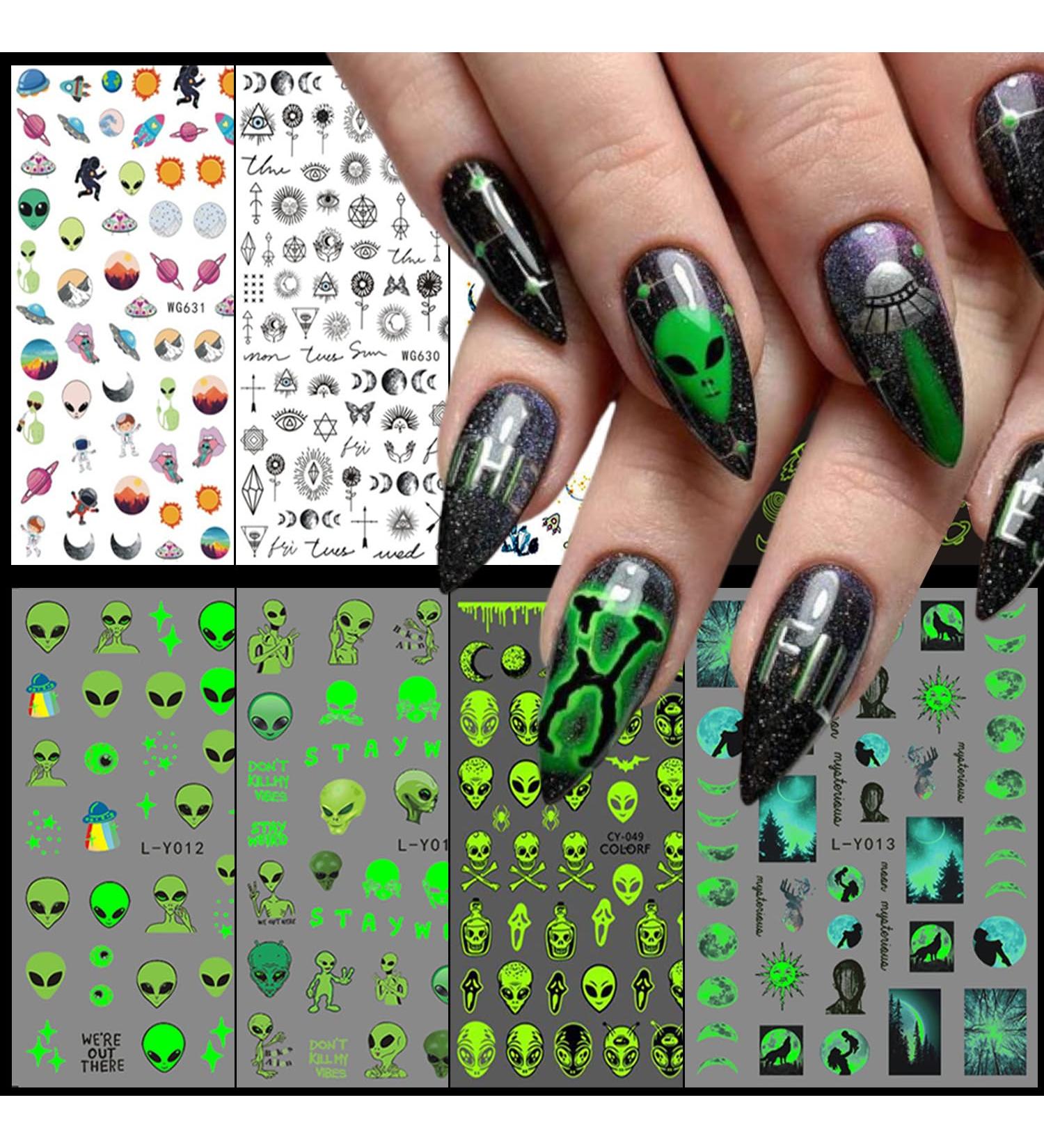 Alien Nail Art Stickers - 3D Astronaut UFO Rocket & Moon Designs | Luminous Self-Adhesive Decals for Women & Girls Manicure Decor - Buy Online on SooperMarket.com