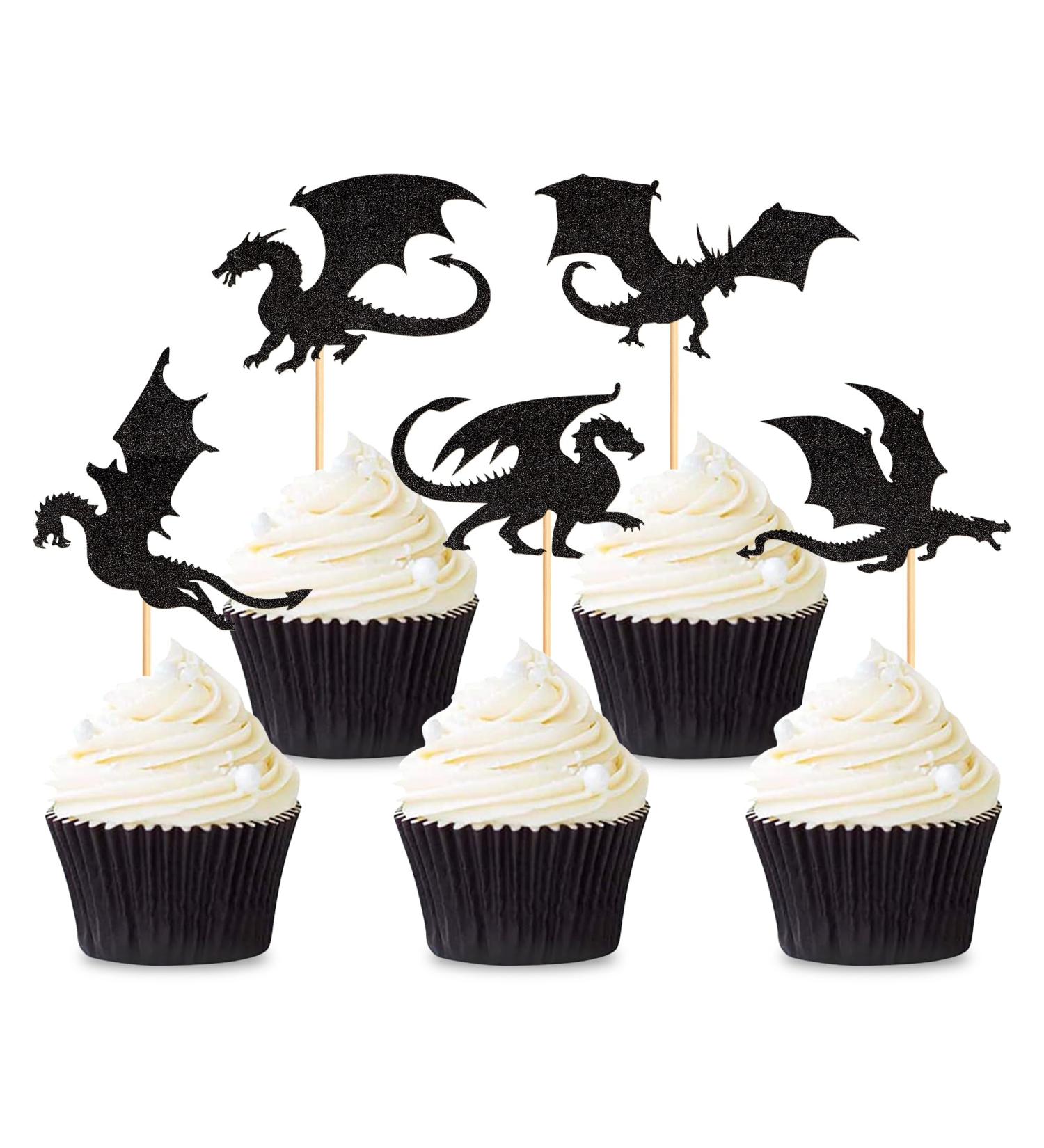 25PCS Dragon Cupcake Toppers Glitter Fantasy Birthday Cupcake Flying Dragon Cupcake Toppers Theme Baby Shower Kids Birthday Party Cake Decorations Supplies Black - Buy Online on SooperMarket.com