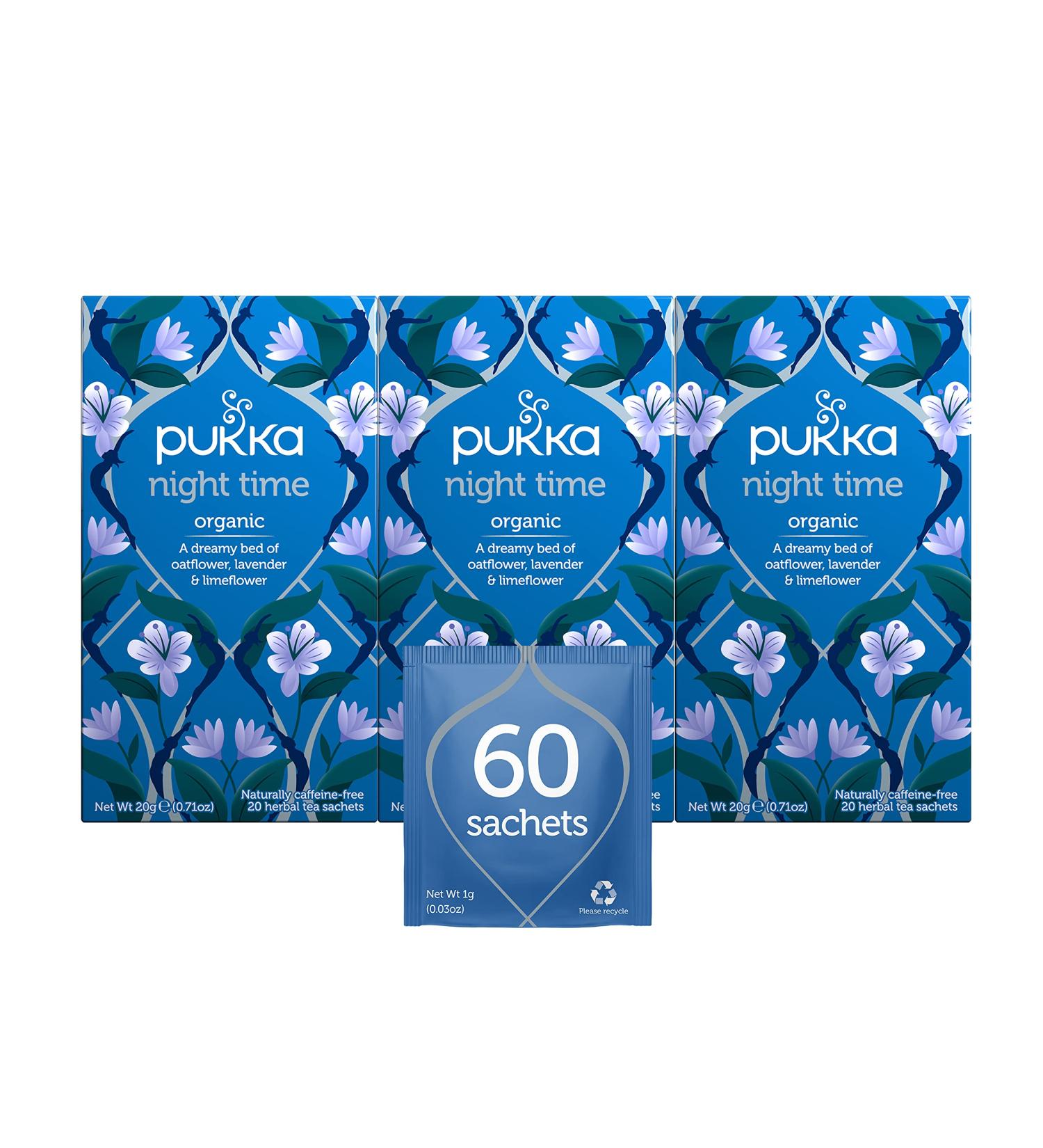 Pukka Organic Tea Bags  Night Time Herbal Tea with Chamomile  Lavendar & Valerian  Perfect for Easing into a Soothing Sleep  20 Count (Pack of 3) 60 Tea Bags Night Time 60 Tea Bags - Buy Online on SooperMarket.com