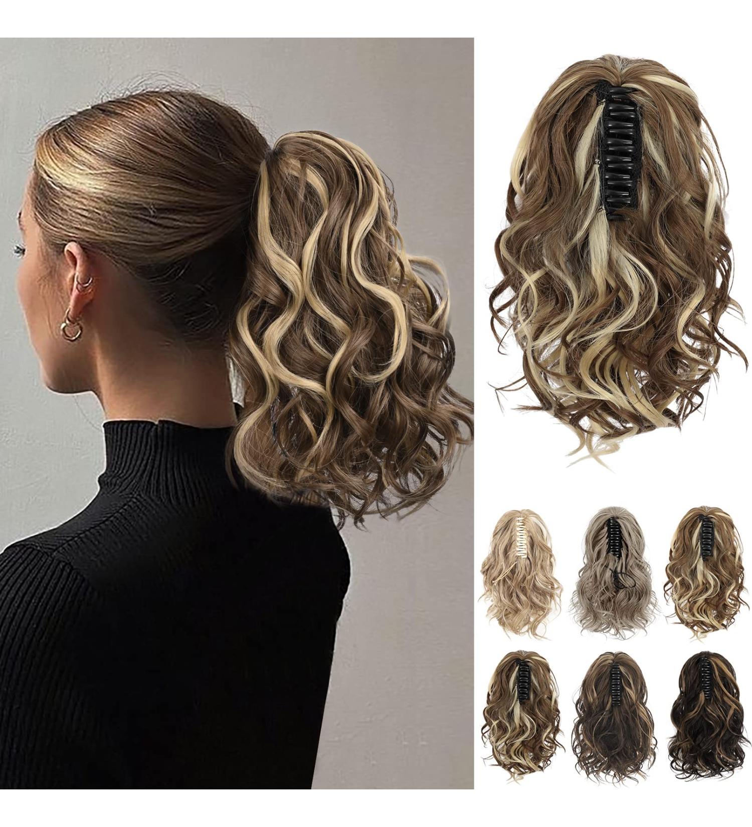 REECHO 10 Inch Short Curly Ponytail Extension Claw Clip Synthetic Hairpiece - Light Brown with Highlights - Buy Online on SooperMarket.com