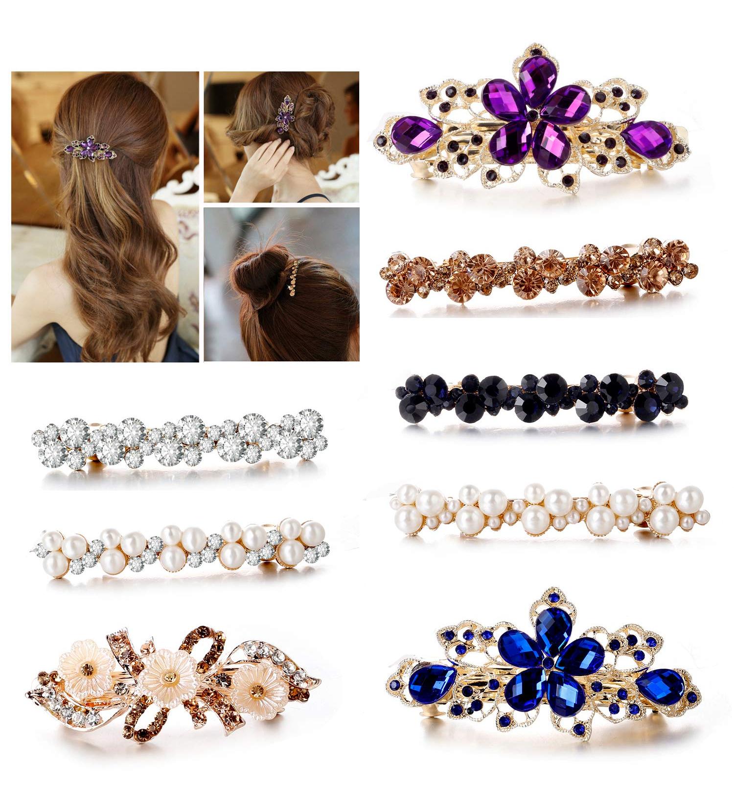 Minimalist CZ White Pearl Hair Clips with Champagne Brown Crystal Barrettes - Handmade Bridal Hair Accessories for Women and Teens - Buy Online on SooperMarket.com