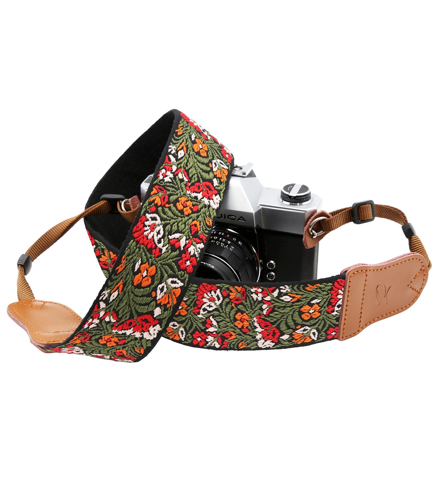 Green Flower 2'' Wide Adjustable Camera Strap for DSLR/SLR - Double Layer Cowhide Ends, Pure Cotton Embroidered Woven Strap - Universal Neck & Shoulder Strap for Photographers - Buy Online on SooperMarket.com