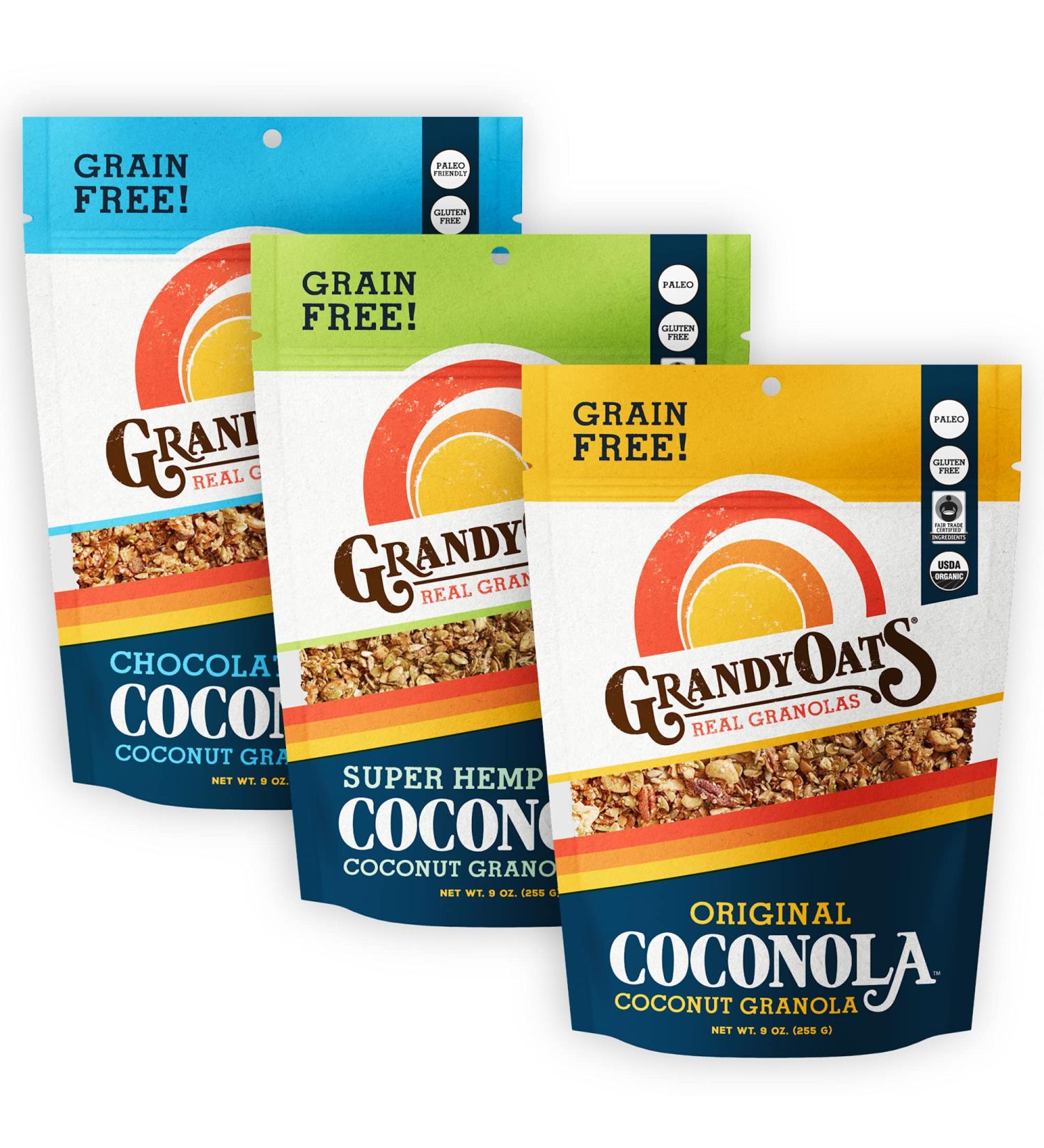 GrandyOats Organic Coconut Granola Variety Pack Coconola - Gluten Free, Paleo Friendly, Grain Free - 9oz Bags, Bulk Pack of 3 - Buy Online on SooperMarket.com