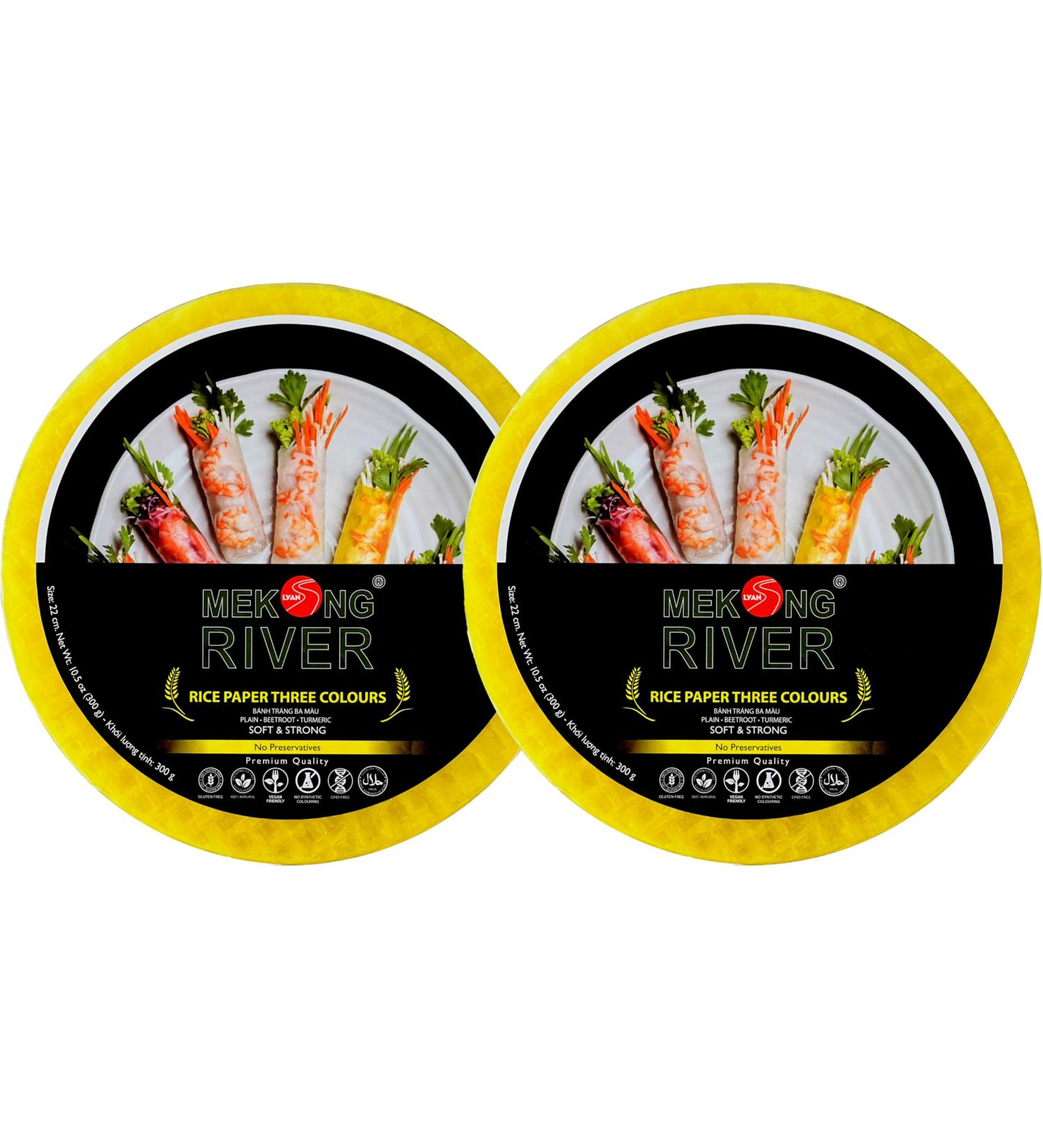 Lyan Mekong River Banh Trang Vietnamese Three Colours Rice Paper Round 22cm - 300g - Pack of 2 | Gluten-Free | Vegan | 100% Natural Rice Paper - Buy Online on SooperMarket.com