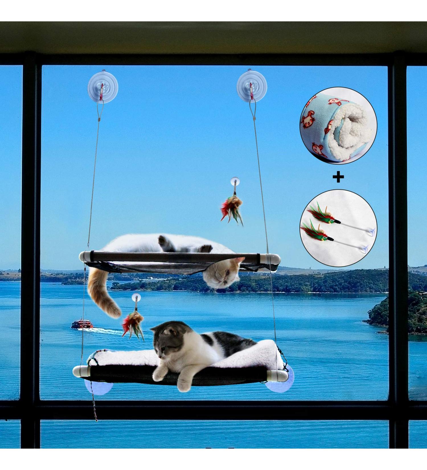 Cat Window Perch Deluxe Double Layer with Free Fleece Blanket & Toys | Large Cat Hammock for 55 lbs Cats | Space-Saving Sunbathing Bed - Buy Online on SooperMarket.com