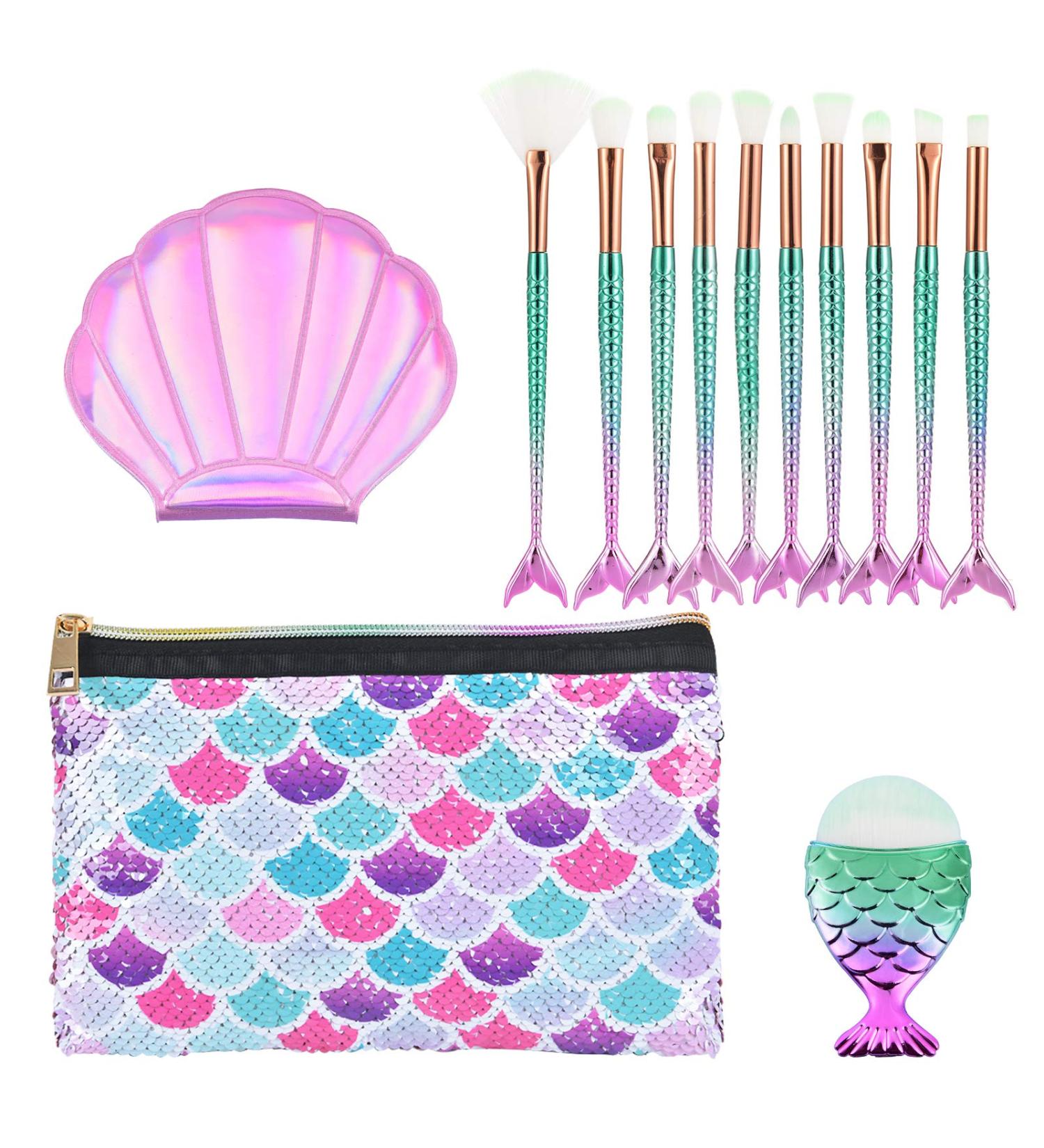 Mermaid Makeup Brush Set with Cosmetic Bag - 13 PC Beauty Tools and Sequins Case - Buy Online on SooperMarket.com